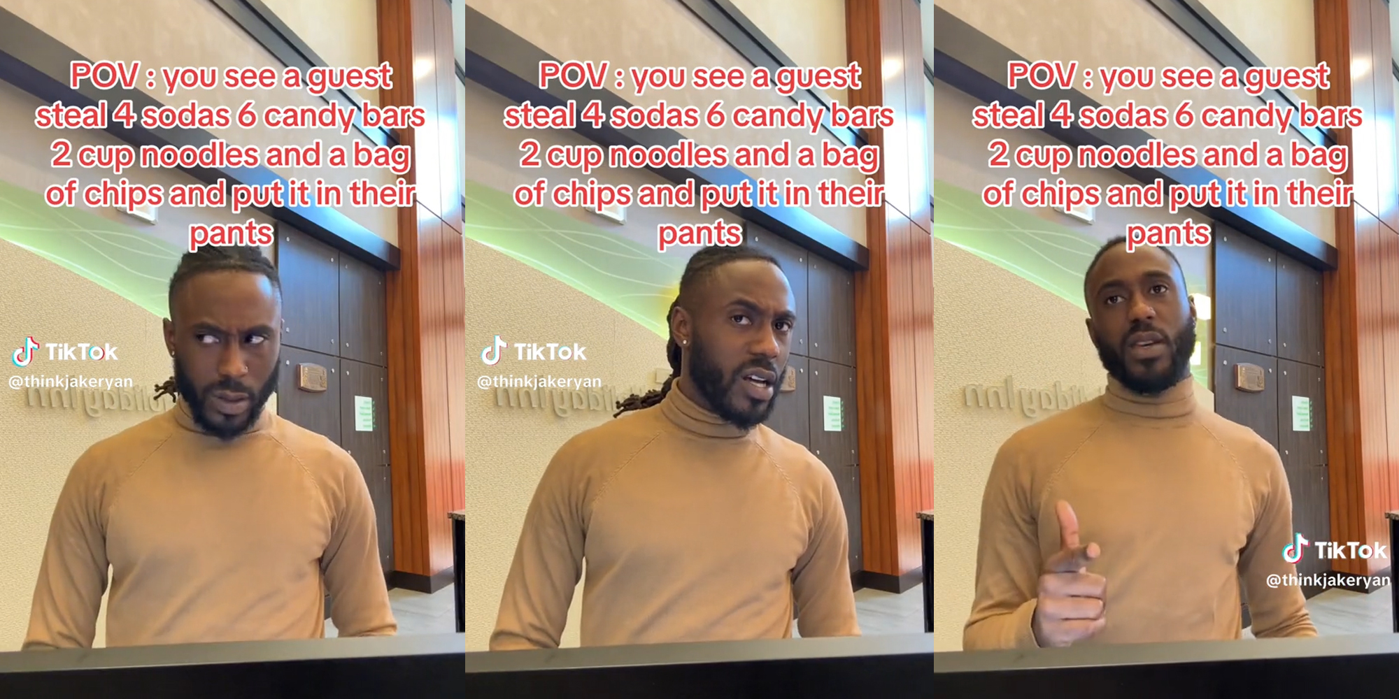 man at desk with caption "POV: you see a guest steal 4 sodas 6 candy bars 2 cup noodles and a bag of chips and put it in their pants"
