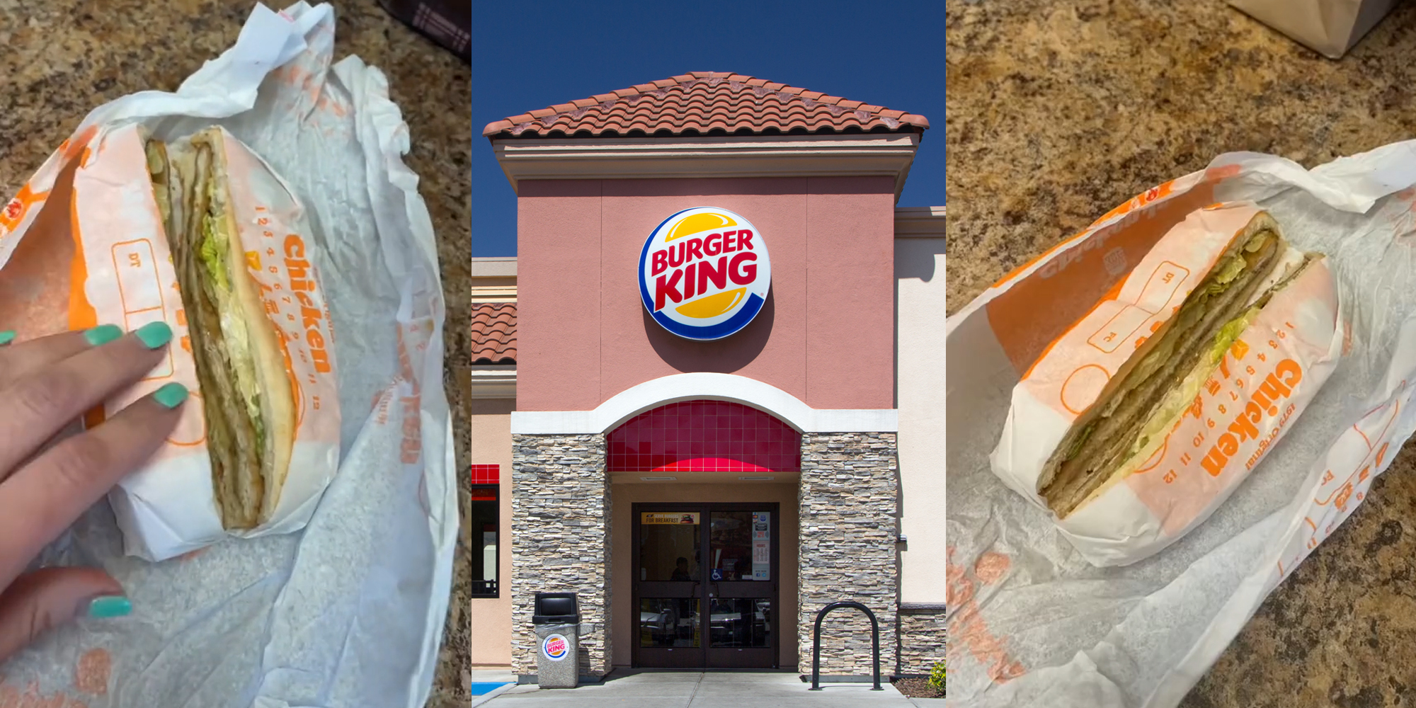 Burger King customer showing sandwich cut the wrong way (l) Burger King building entrance with sign (c) Burger King sandwich cut the wrong way (r)