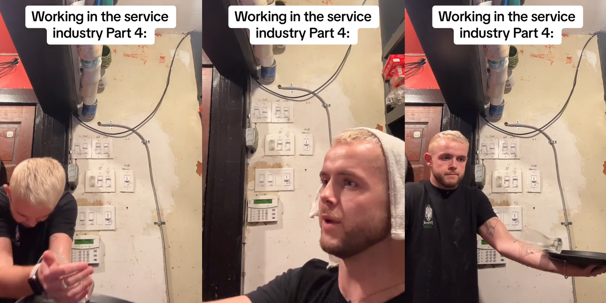 server with glass and tray with caption "Working in the service industry Part 4:" (l) customer with caption "Working in the service industry Part 4:" (c) server with glass and tray with caption "Working in the service industry Part 4:" (r)