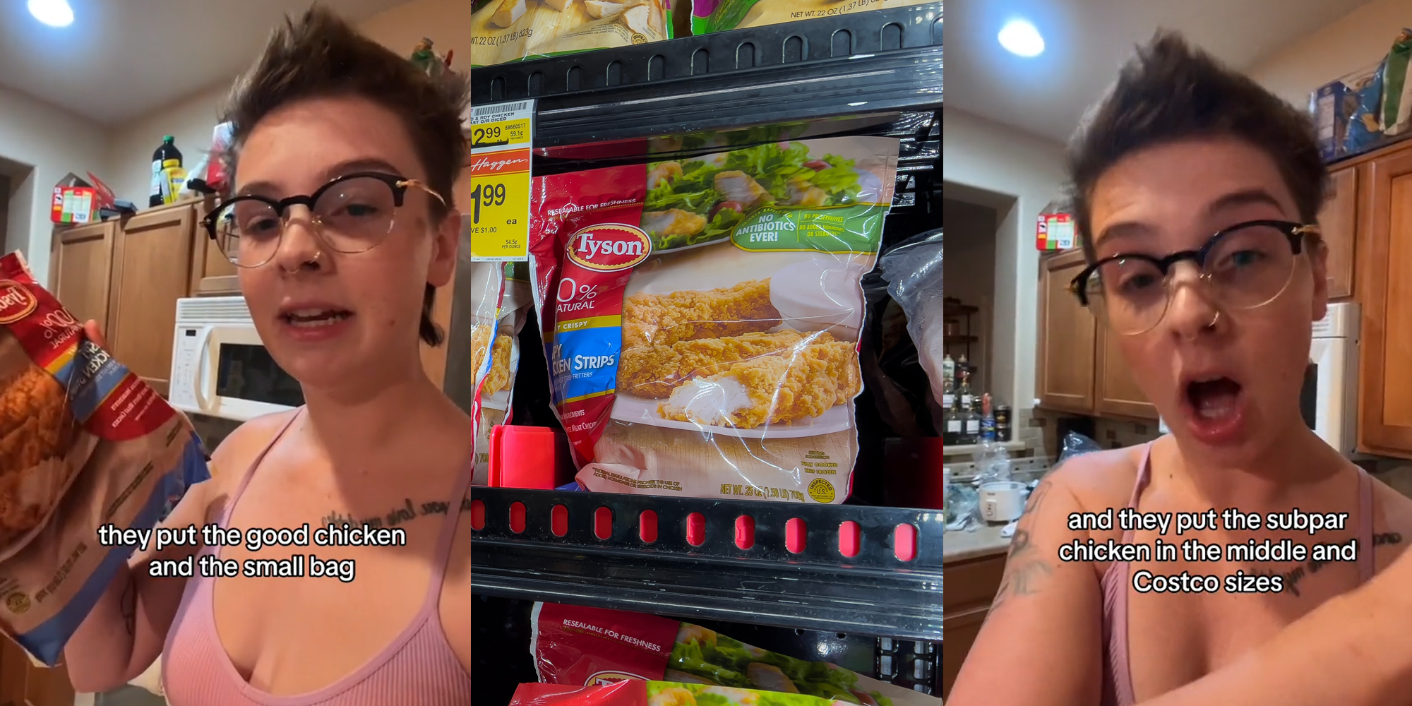 customer speaking with caption "they put the good chicken and the small bag" (l) Tyson chicken strips in store freezer (c) customer speaking with caption "and they put the subpar chicken in the middle and Costco sizes" (r)