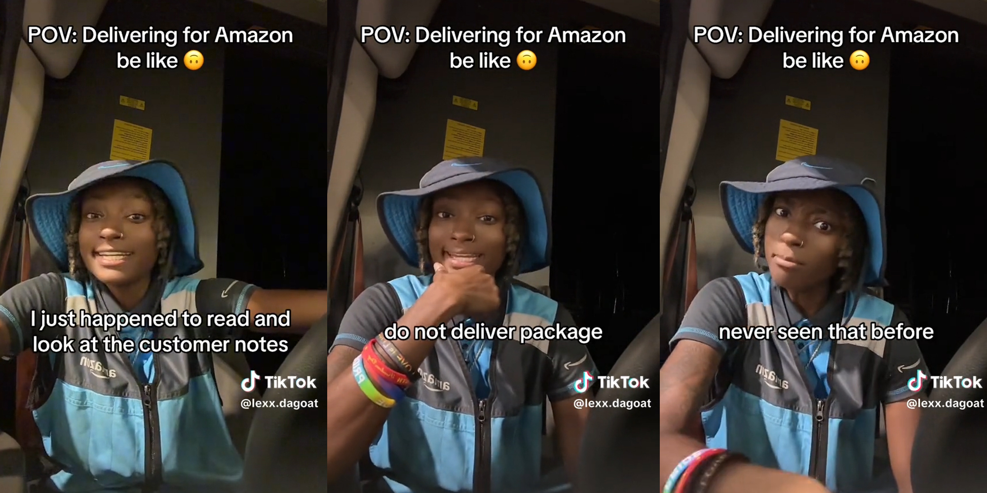 amazon driver with caption "POV: Delivering for Amazon be like" "I just happened to read and look at the customer notes - do not deliver package - never seen that before"