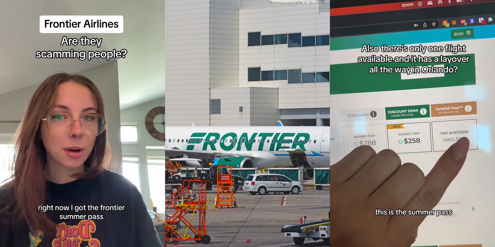 Frontier Airlines passenger speaking with caption "Frontier Airlines Are they scamming people? right now I got the frontier summer pass" (l) Frontier Airlines plane on runway (c) Frontier Airlines website flight booking with hand pointing to not available option with caption "Also there's only one flight available and it has a layover all the way in Orlando? this is the summer pass" (r)