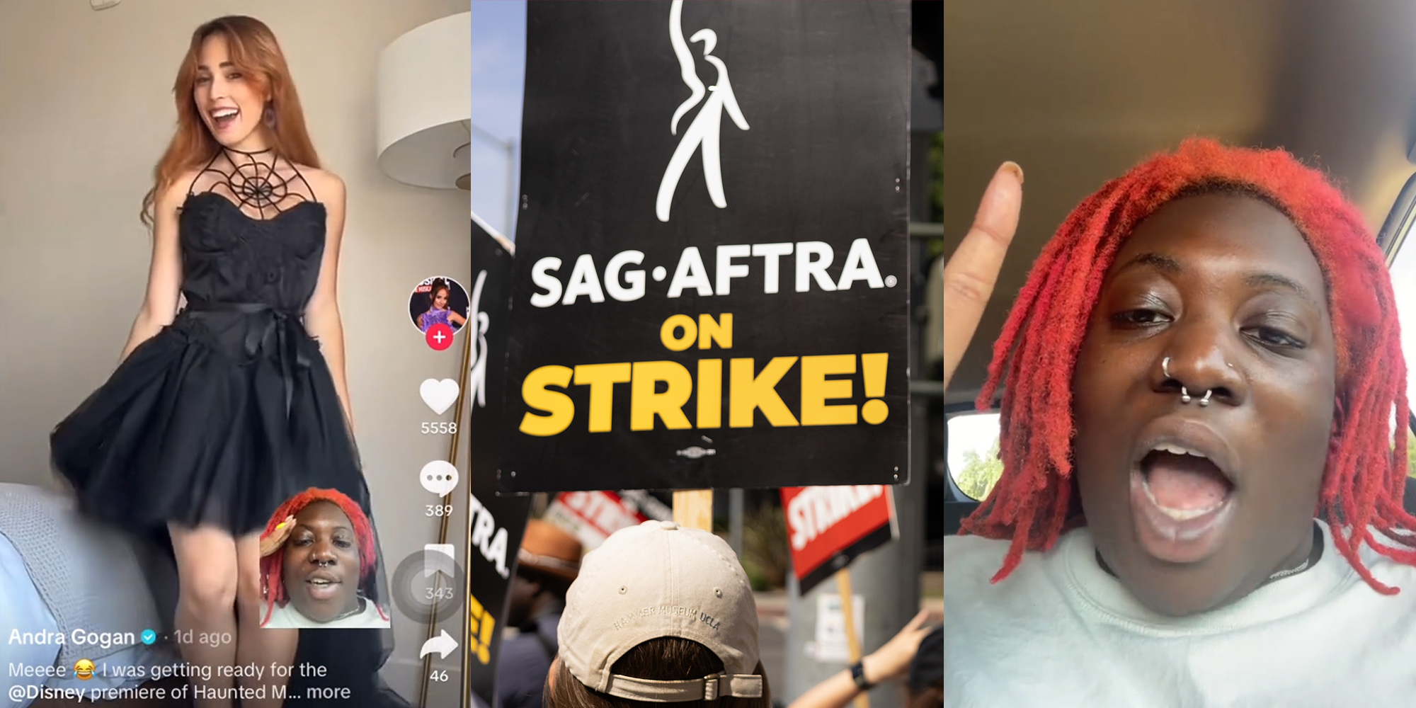 TikToker greenscreen TikTok over TikTok by Andra Gogan (l) striker holding "SAG-AFTRA. ON STRIKE!" sign (c) TikToker speaking in car (r)