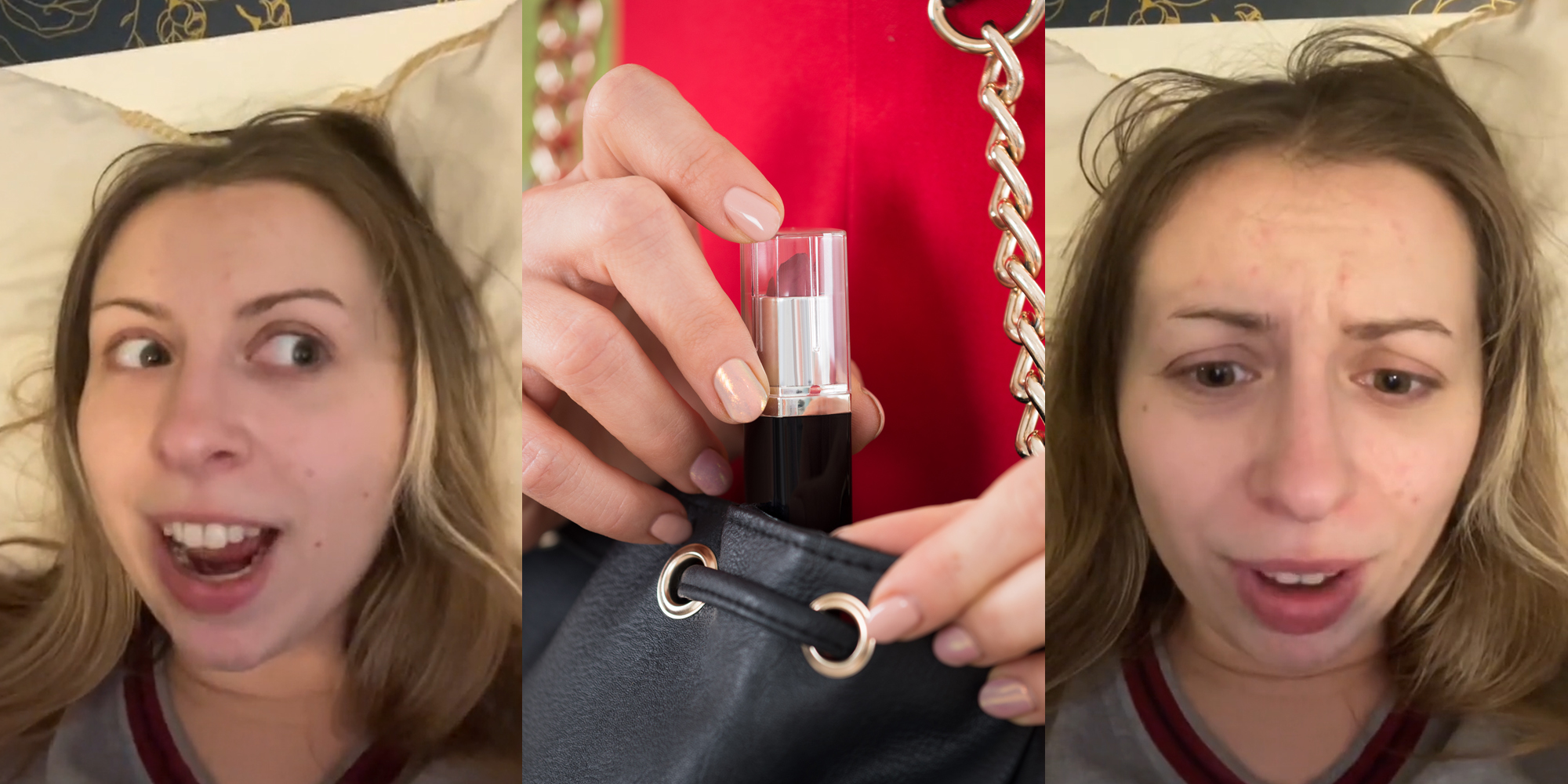 former makeup kiosk worker speaking (l) woman holding lipstick about to put it in purse (c) former makeup kiosk worker speaking (r)