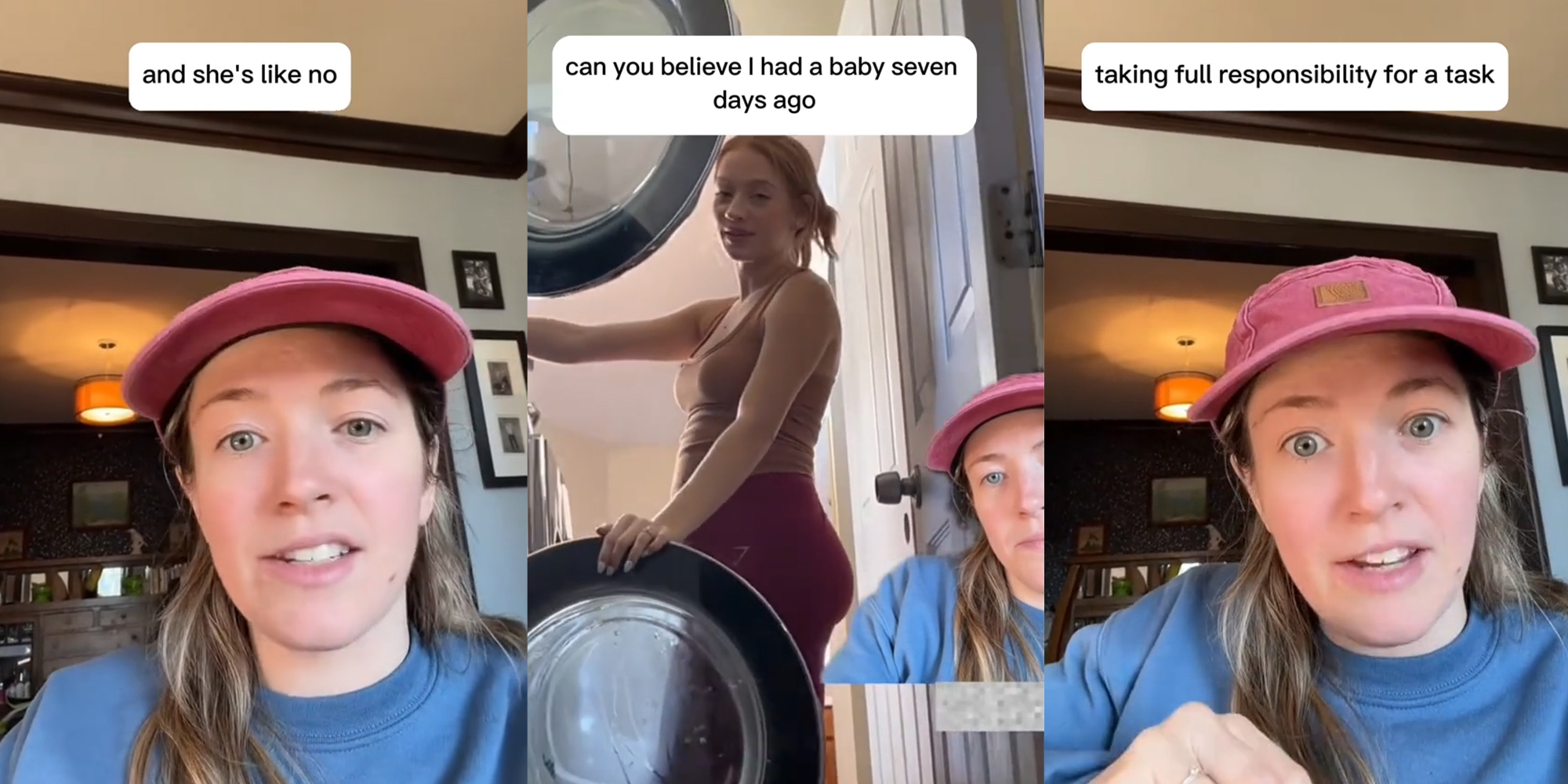 woman wearing blue shirt and pink cap; woman doing laundry