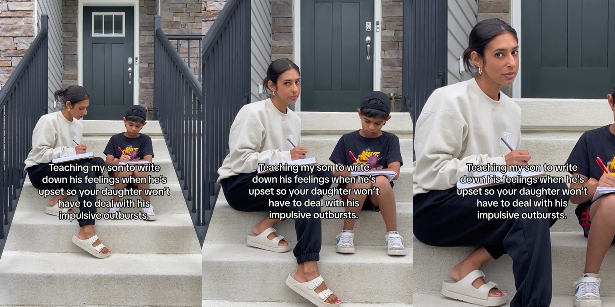 woman and her son sitting on the stairs