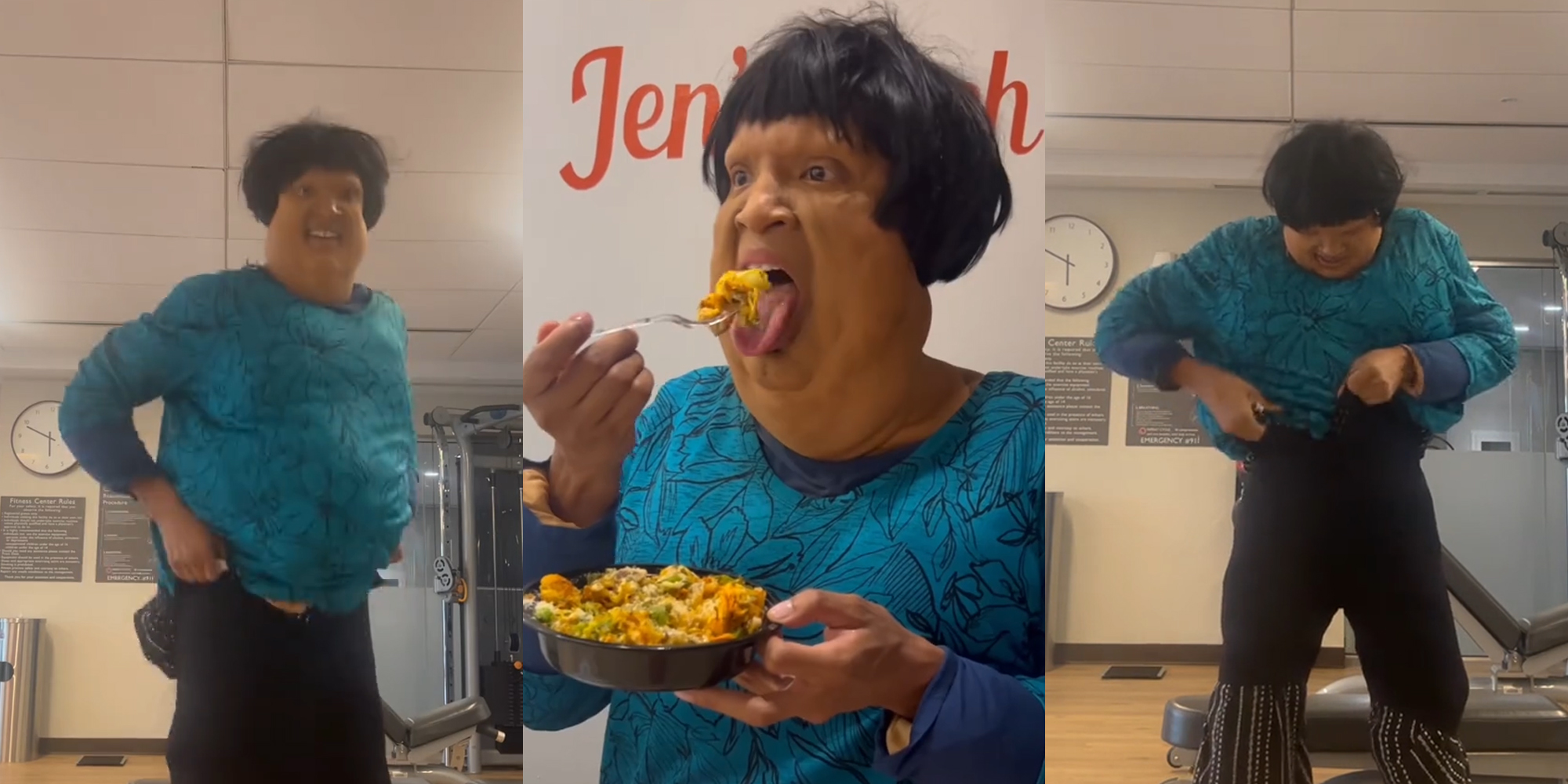 comedian norman freeman putting on fat suit (l) comedian norman freeman in fat suit eating (c) norman freeman comedian putting on fat suit (r)