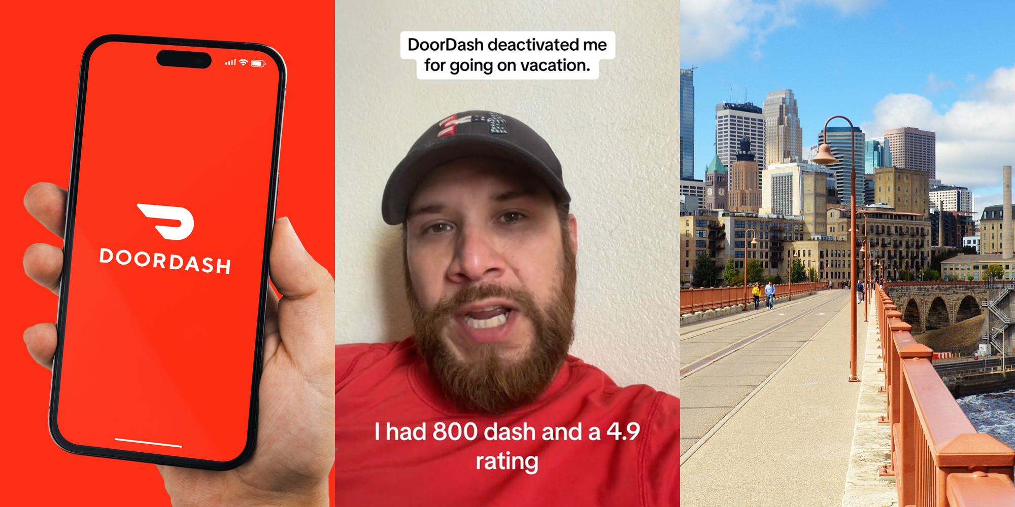 hand holding phone with DoorDash on screen in front of red background (l) DoorDash driver speaking with caption "DoorDash deactivated me for going on vacation I had 800 dash and a 4.9 rating" (c) Downtown of Minneapolis Minnesota (r)