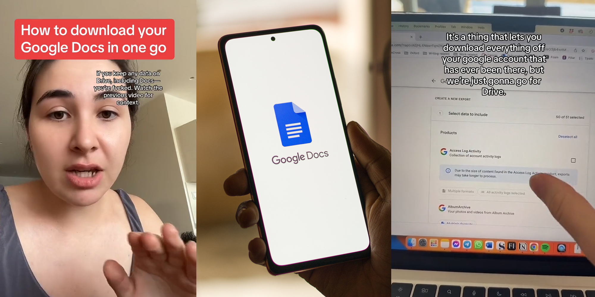 google docs ai fears: woman speaking with caption "How to download your Google Docs in one go" (l) hand holding phone with Google Docs on screen (c) hand pointing to laptop screen showing Google download with caption "It's a thing that lets you download everything off your Google account that has ever been there, but we're just gonna go for Drive." (r) worrying about