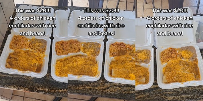 chicken enchiladas with rice and beans in styrofoam container with caption " This was $20!! 4 orders of chicken enchiladas with rice and beans!" (l) chicken enchiladas with rice and beans in styrofoam container with caption " This was $20!! 4 orders of chicken enchiladas with rice and beans!" (c) chicken enchiladas with rice and beans in styrofoam container with caption " This was $20!! 4 orders of chicken enchiladas with rice and beans!" (r)