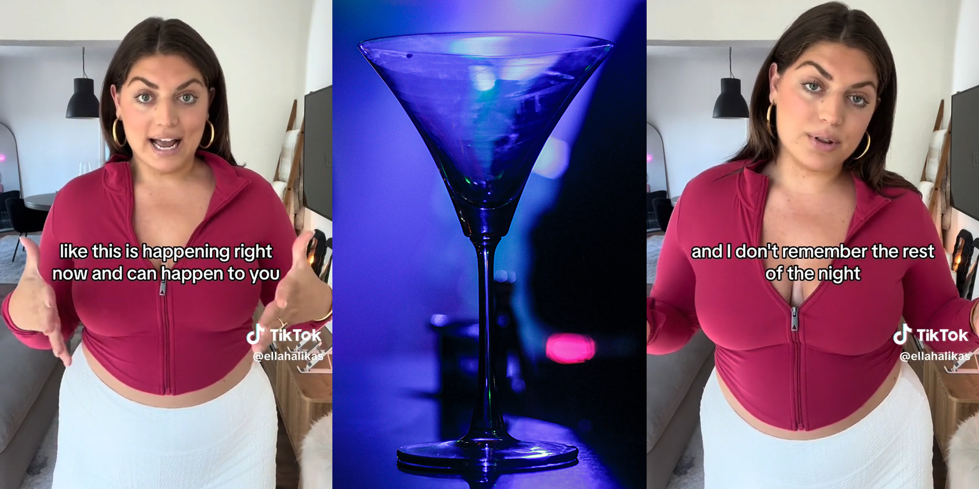 young woman with caption "like this is happening right now and can happen to you" (l) drink on bar (c) young woman with caption "and I don't remember the rest of the night" (r)