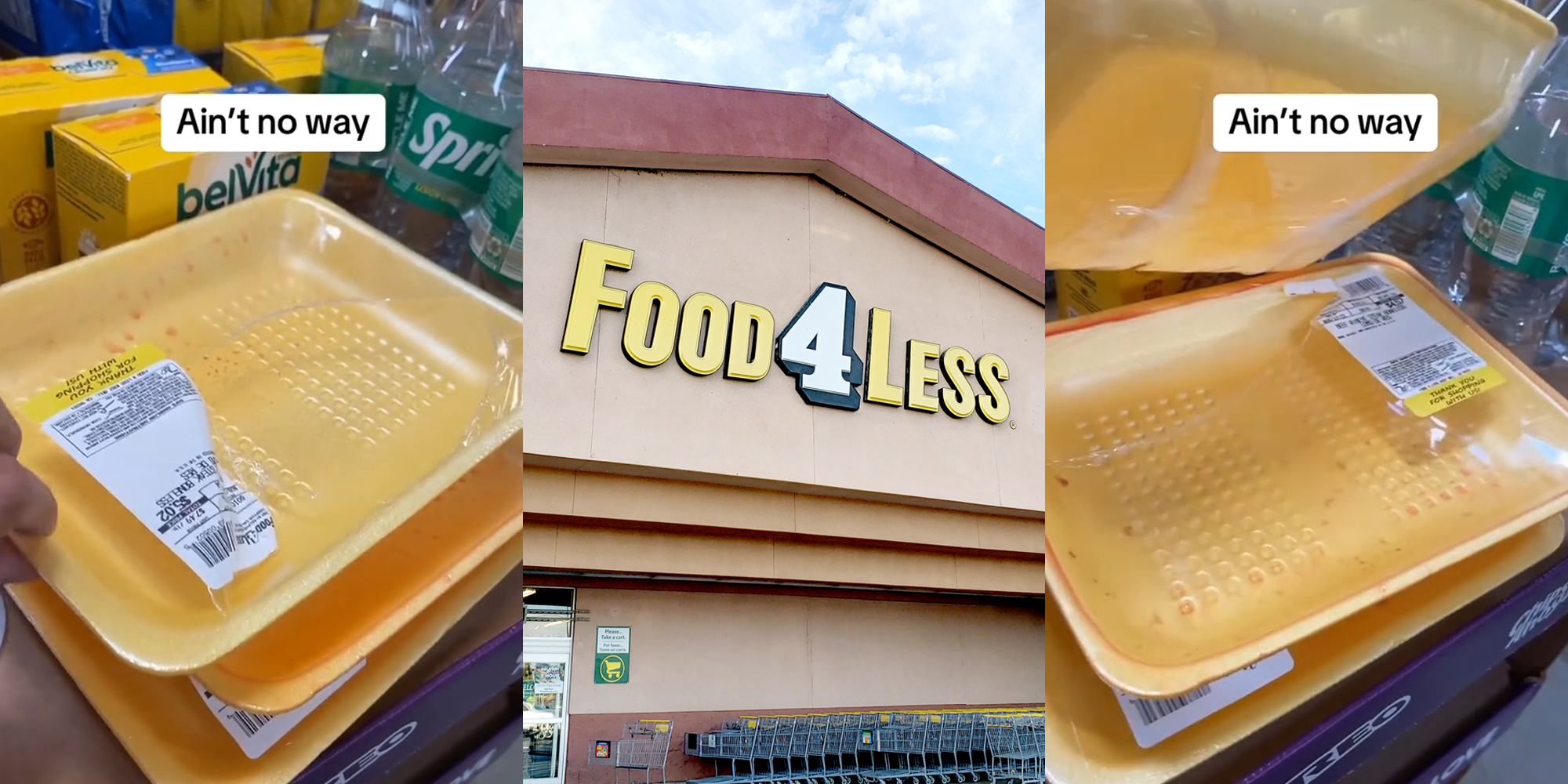 Food 4 Less employee lifting top empty meat package from pile with caption "Ain't no way" (l) Food4Less building with sign (c) Food 4 Less employee lifting top empty meat package from pile with caption "Ain't no way" (r)