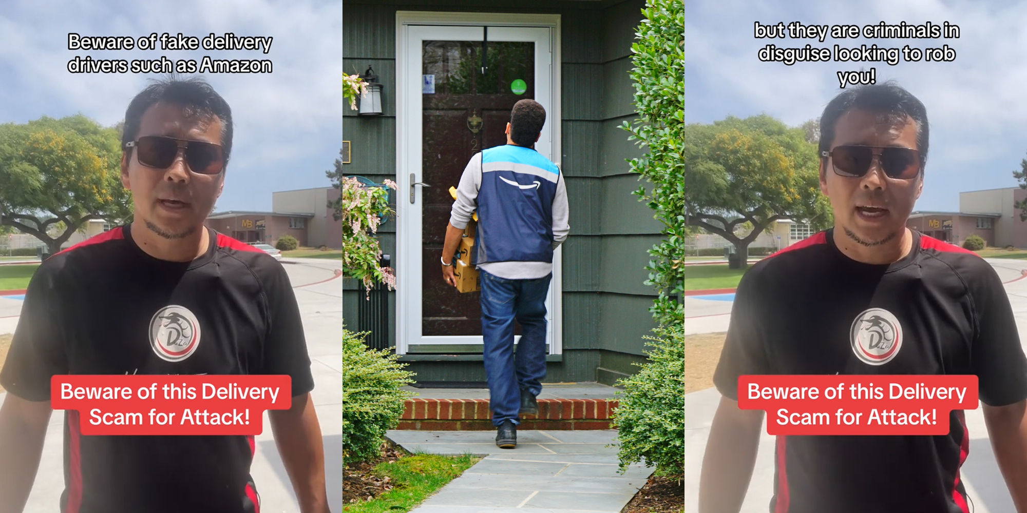 man speaking with caption "Beware of this Delivery Scam for Attack! Beware of fake delivery drivers such as Amazon" (l) Amazon delivery driver at door (c) man speaking with caption "Beware of this Delivery Scam for Attack! but they are criminals in disguise looking to rob you!" (r)