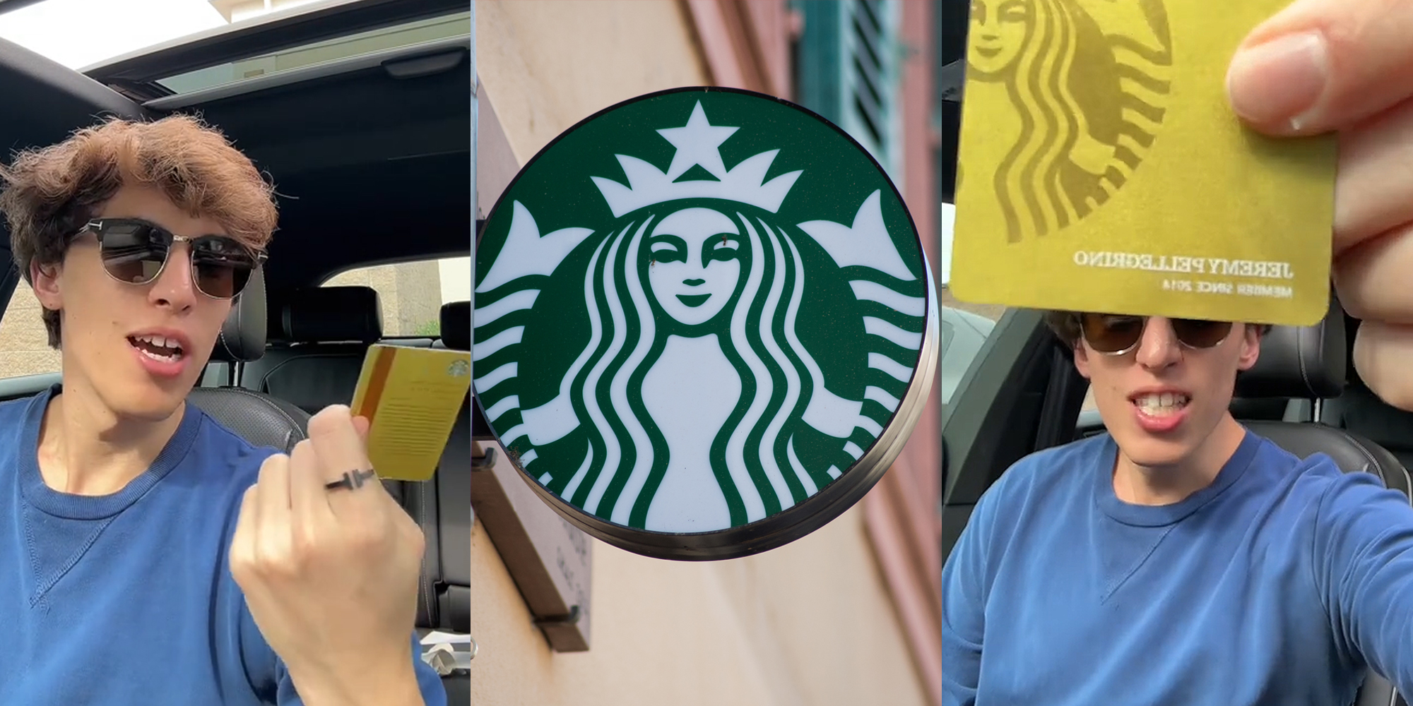 Starbucks customer speaking in car while holding gold card (l) circular Starbucks sign on wall (c) Starbucks customer speaking in car while holding gold card (r)