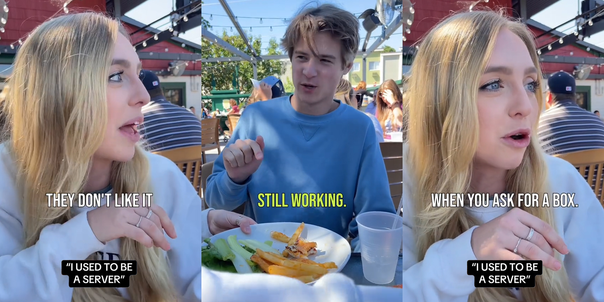 former server at restaurant with caption "They don't like it" ""I USED TO BE A SERVER"" (l) customer at restaurant with caption "still working." (c) former server at restaurant with caption "When you ask for a box." ""I USED TO BE A SERVER"" (r)