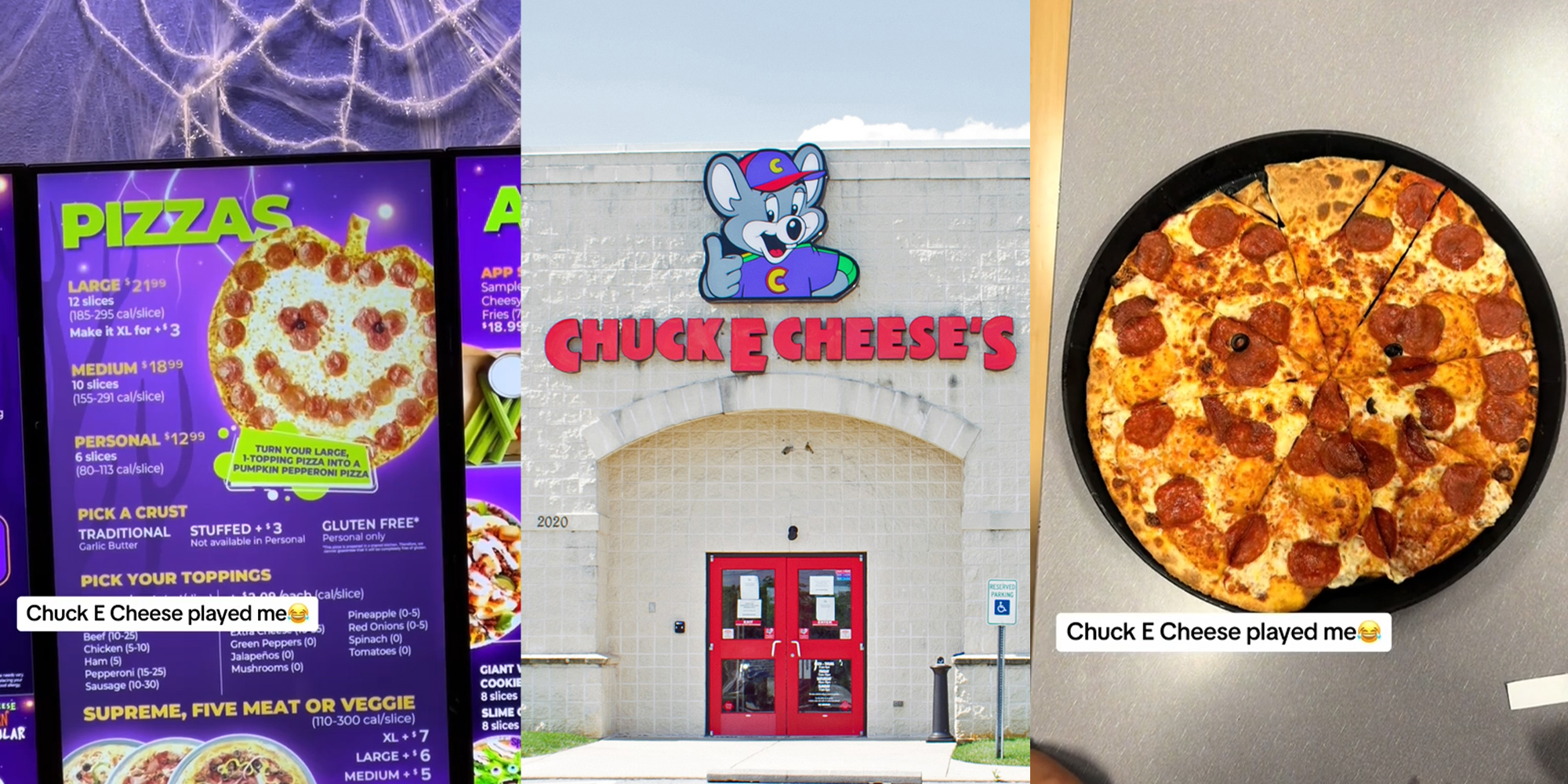 Chuck E. Cheese customer orders seasonal pumpkin-shaped pizza.