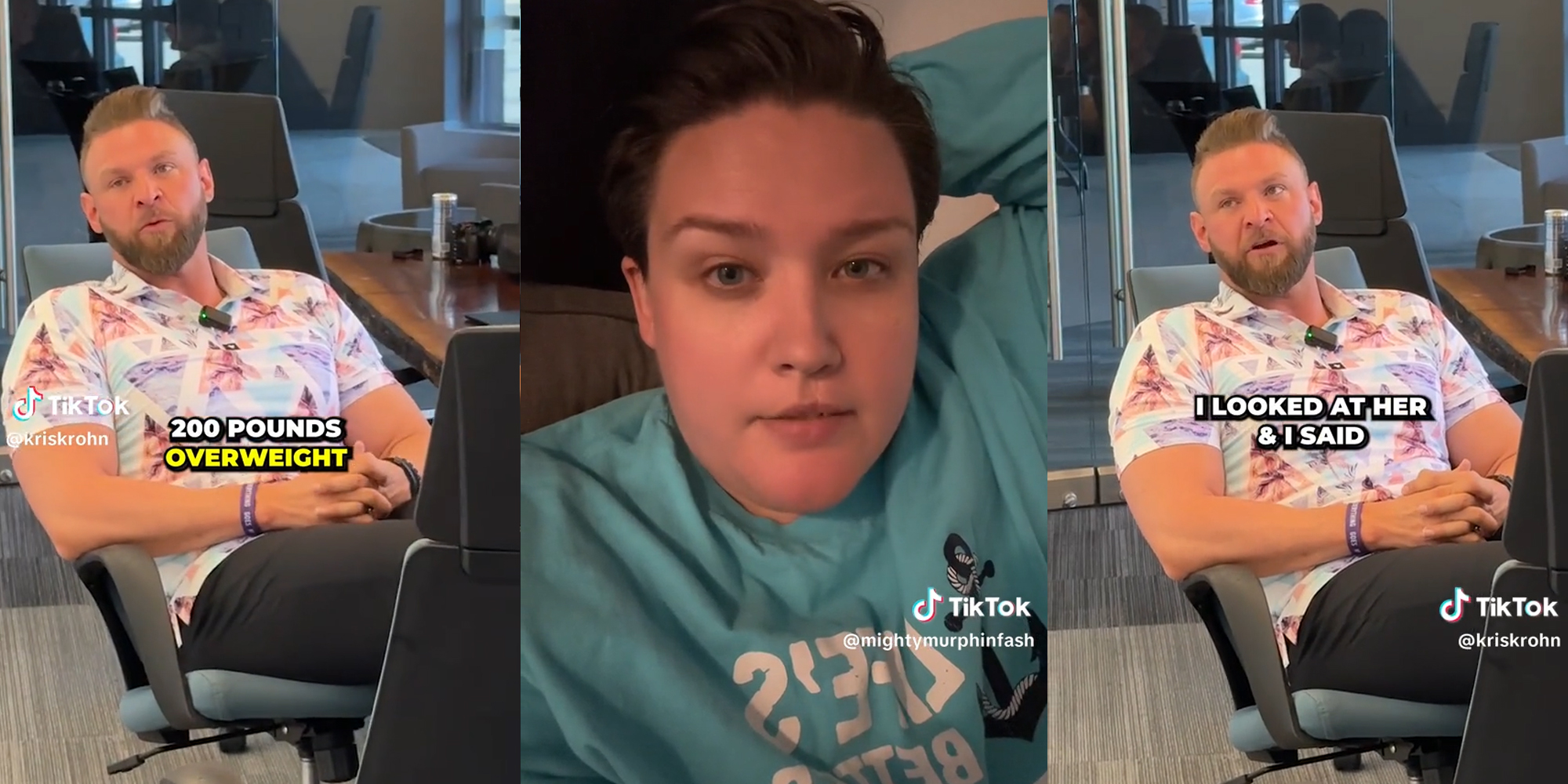 man in chair with caption "200 pounds overweight" (l) woman on couch (c) man in chair with caption "i looked at here and i said" (r)