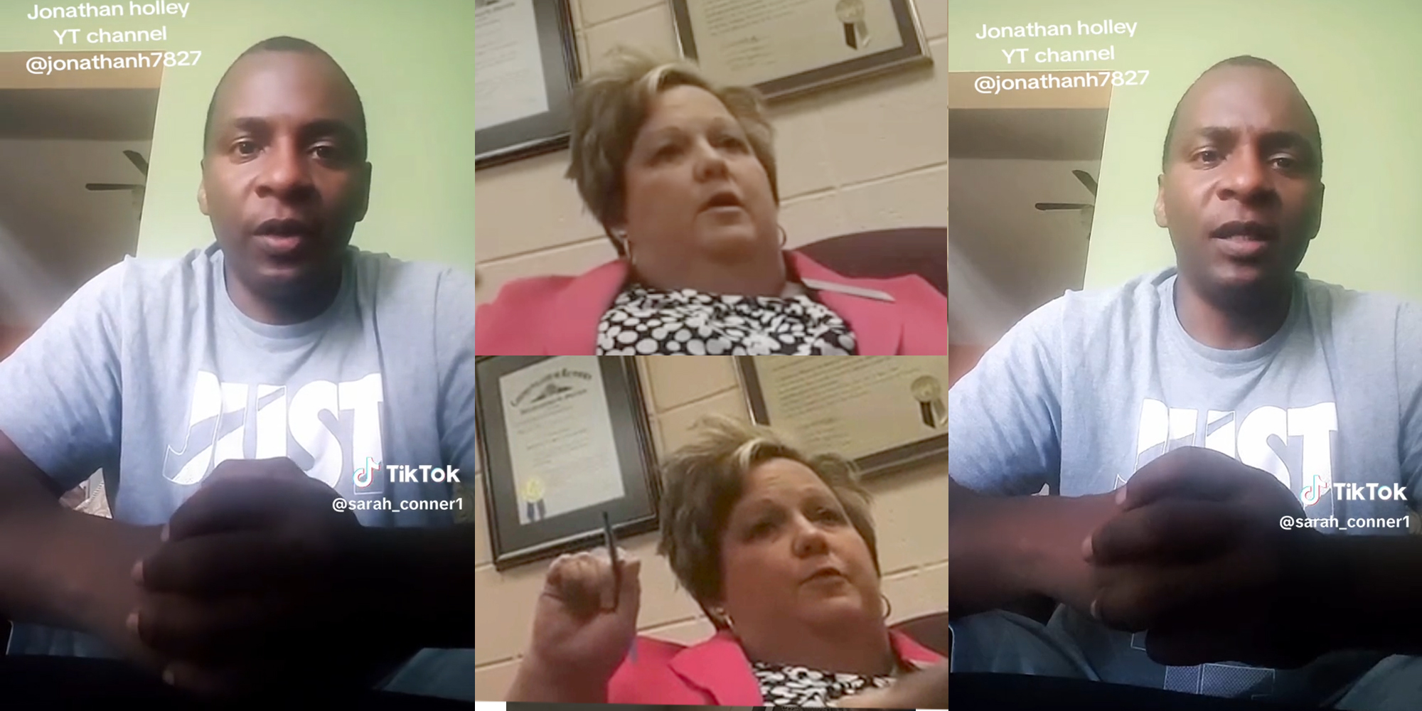 Man talking in grey shirt(l+r), Woman talking and pointing(c)