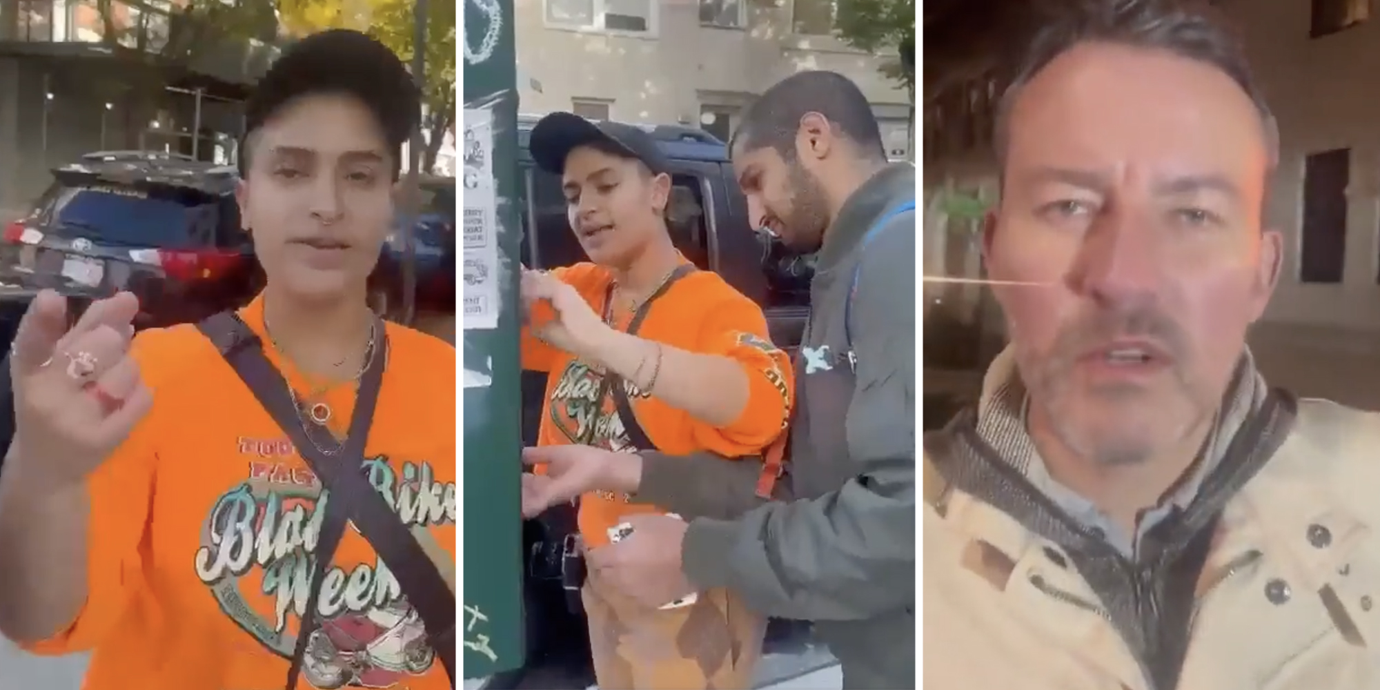 Person pointing at camera(l), People tearing down poster(c), Man looking at camera(r)