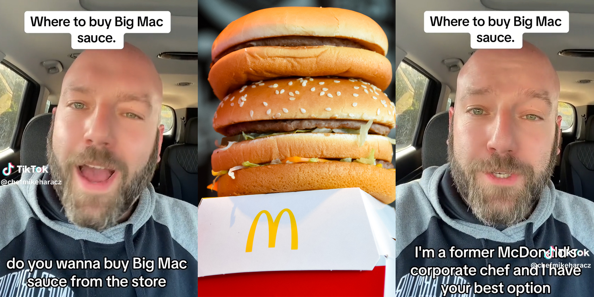 Man talking to camera(l+r), McDonald's burgers on top of box(c)