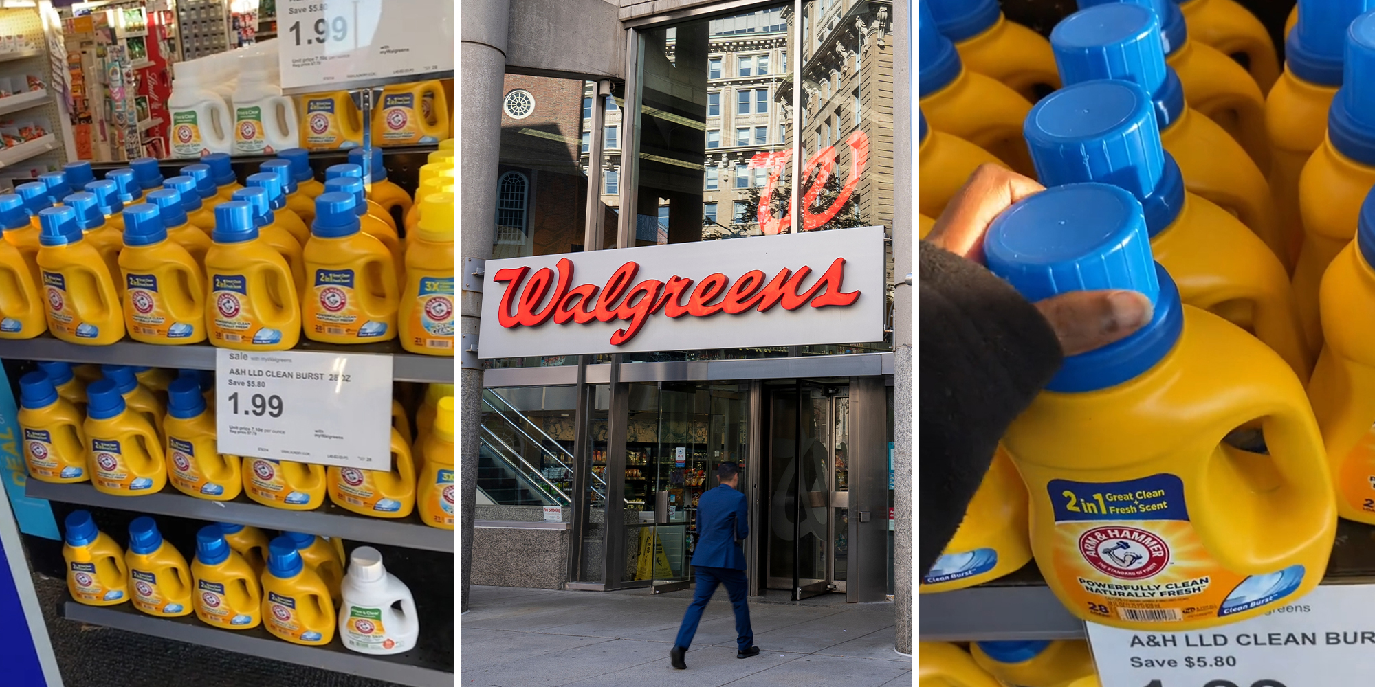 Store Shelves filled with arm and hammer products; Walgreens Store Front Entrance