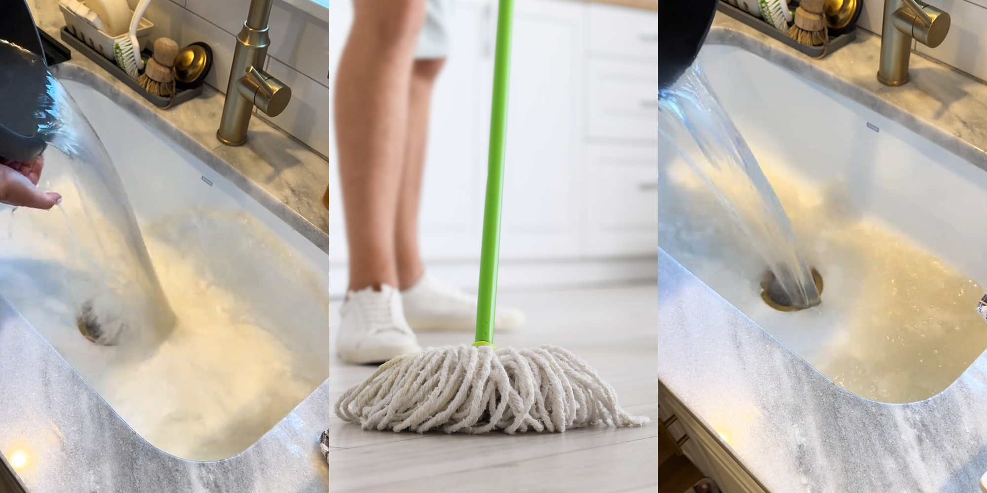 woman dumping mop water into sink (l) woman mopping floor (c) woman dumping mop water into sink (r)