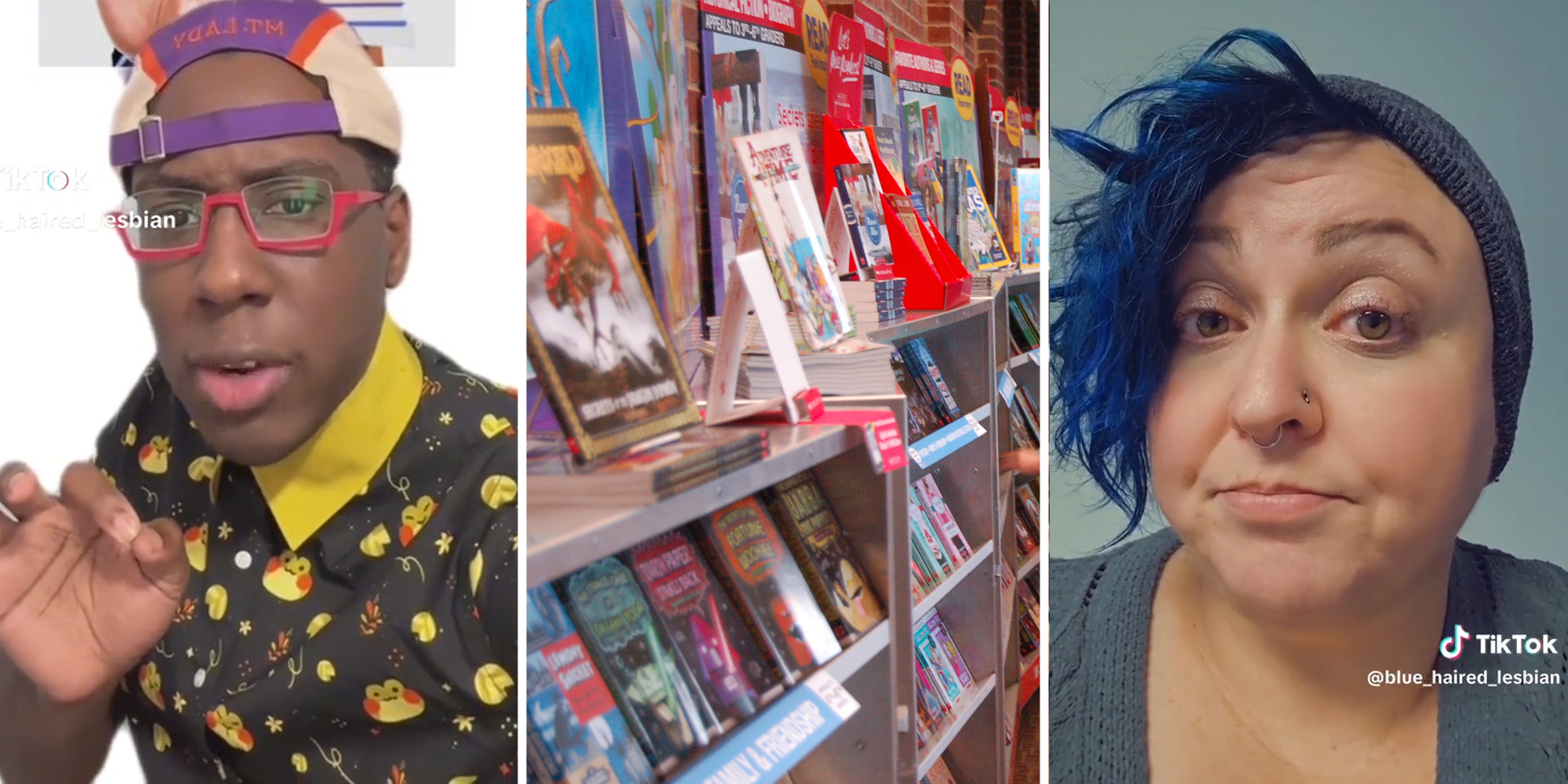 Man talking to camera(l), Book Fair(c), Woman looking at camera(r)