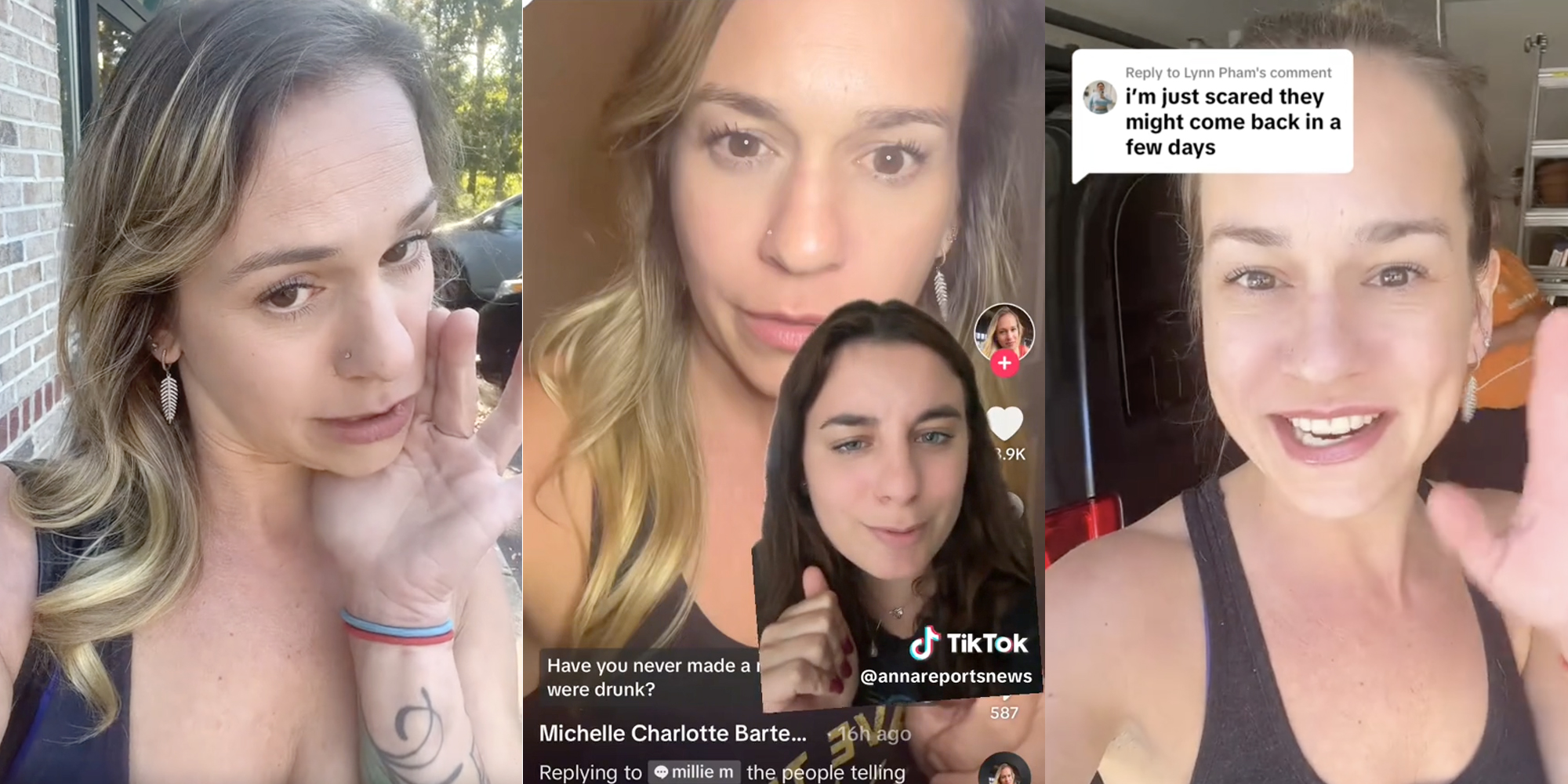 Michelle the bartender talking to camera(l+r), Woman talking in front of a video of Michelle the bartender(c)