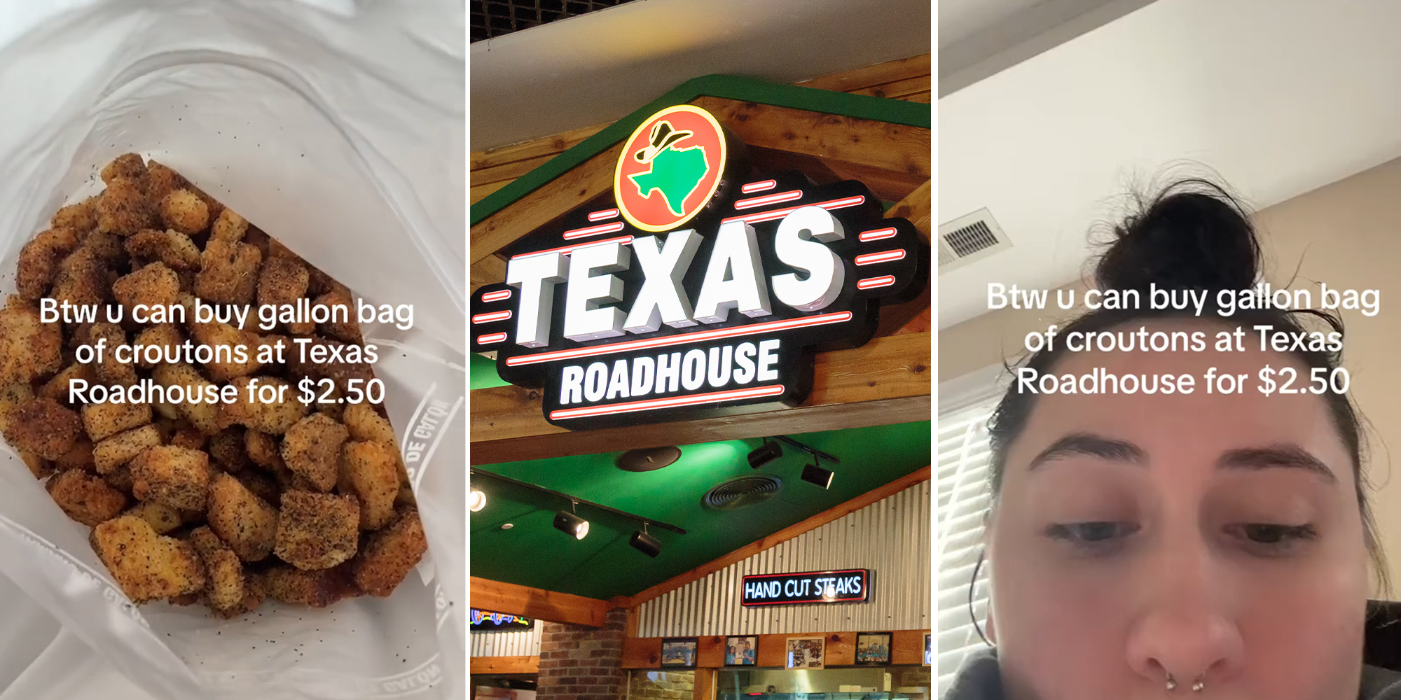 Customer buys a gallon of croutons at Texas Roadhouse for $2.50