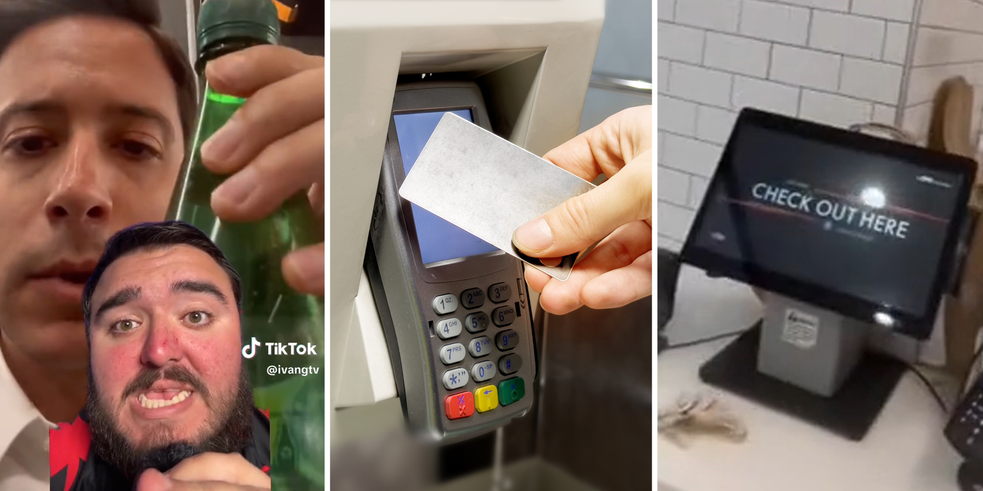 Man in front of man holding up perrier bottle(l), Hand at checkout(c), Check out kiosk(r)