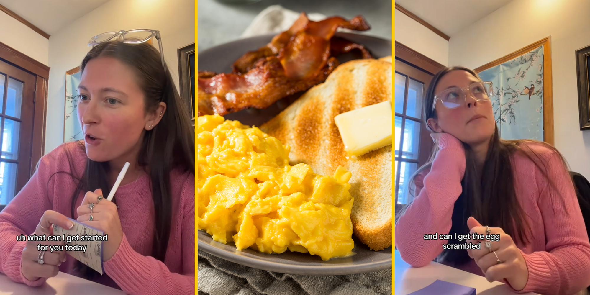 Customers go to brunch restaurant and order scrambled eggs.