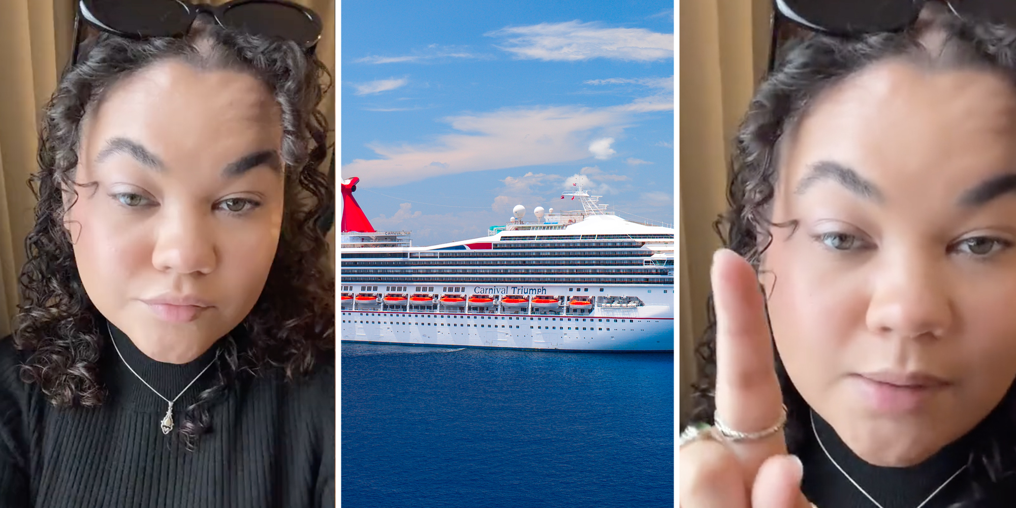 Woman talking(l+r), Royal Caribbean cruise ship(c)