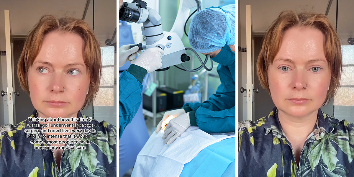 person with caption "Thinking about how this time 5 years ago I underwent laser eye surgery and now I live every day in pain so intense that it would compel most people to seek emergency medical care" (l) medica team performing eye surgery (c) person (r)