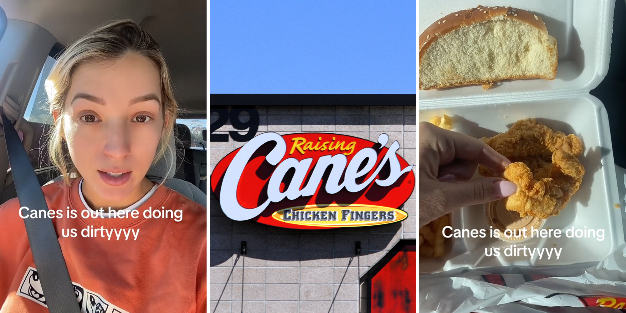 TikToker explaining that Cane's Chicken Tenders are now being made smaller.