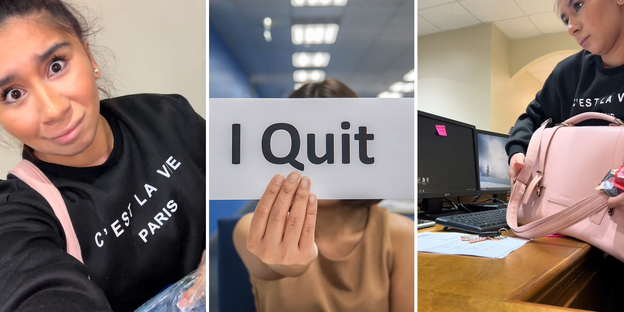 Woman quits with a sticky note on her work computer before lunch break