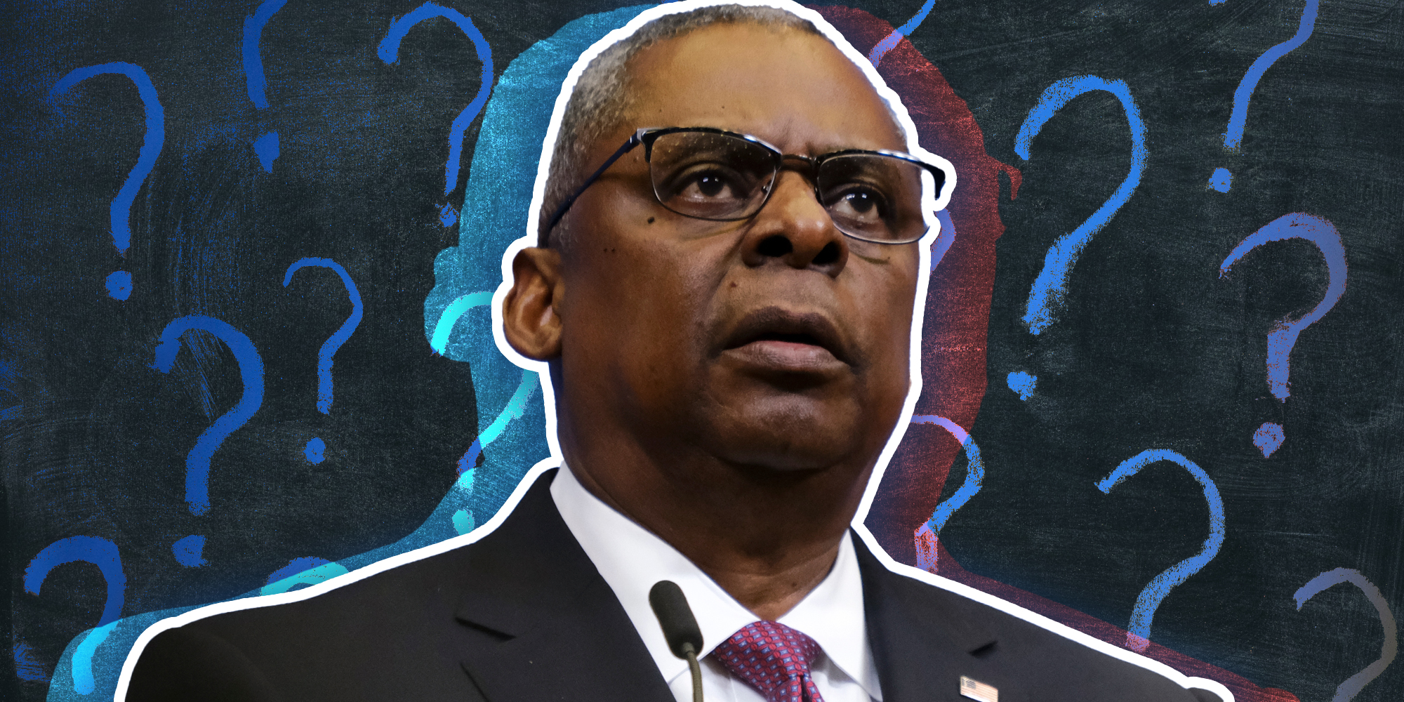 Llyod Austin Illustration with question marks in the background