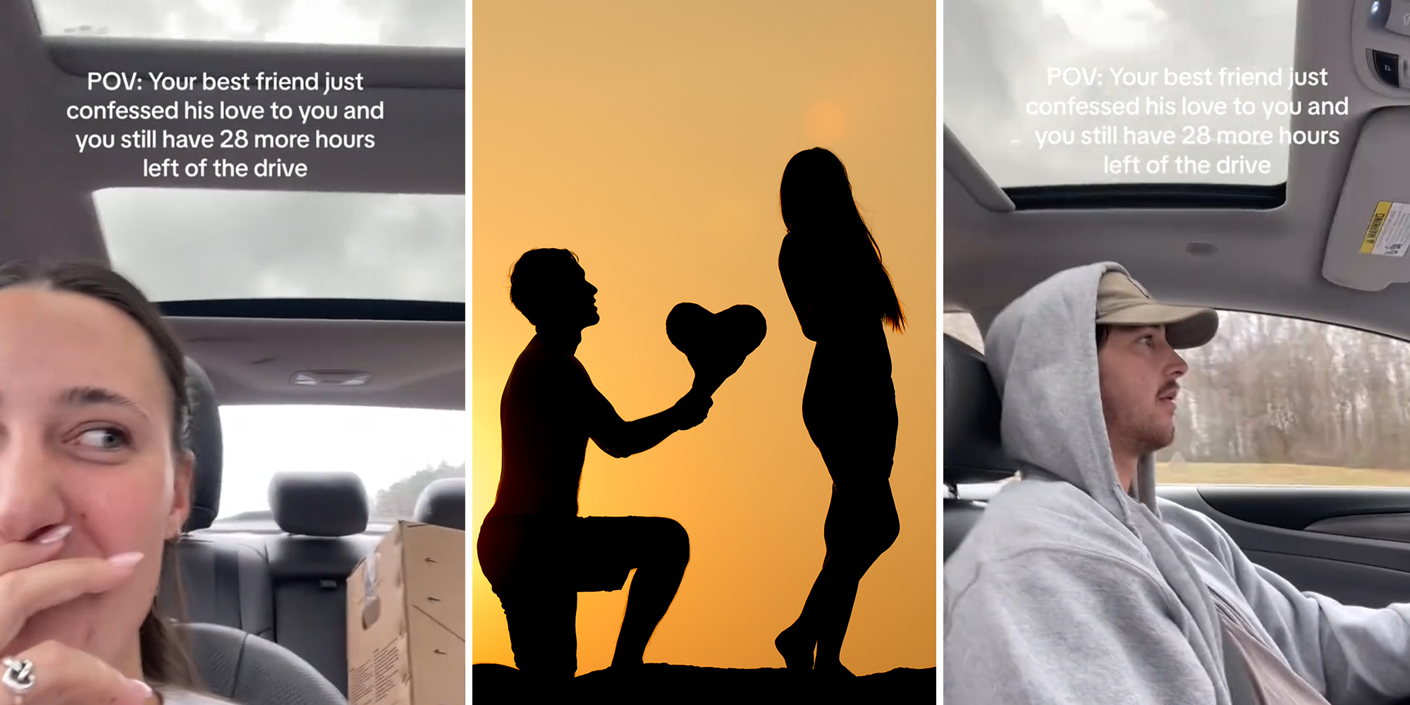 Man declares love for best friend in the middle of a 28-hour road trip.