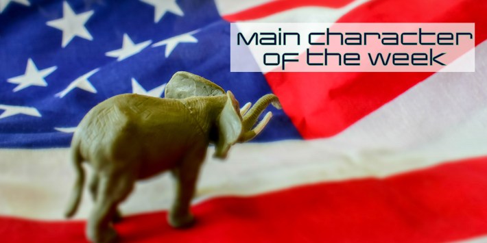 An elephant on an American flag. Text that says 'Main Character of the Week' in the Daily Dot newsletter web_crawlr font is in the top right corner.