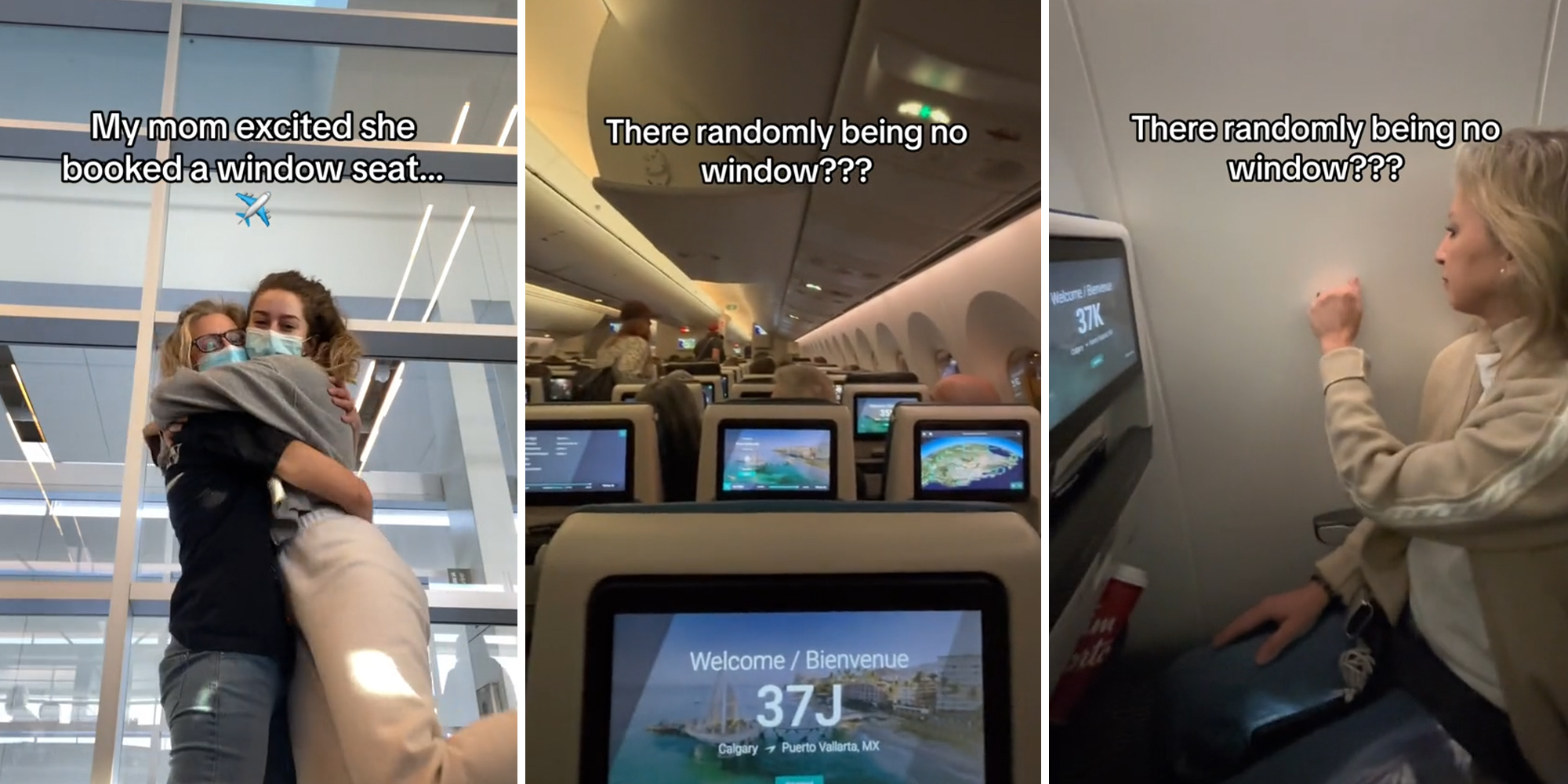 Woman books seat specifically for window. Her seat is the only one on the plane without one