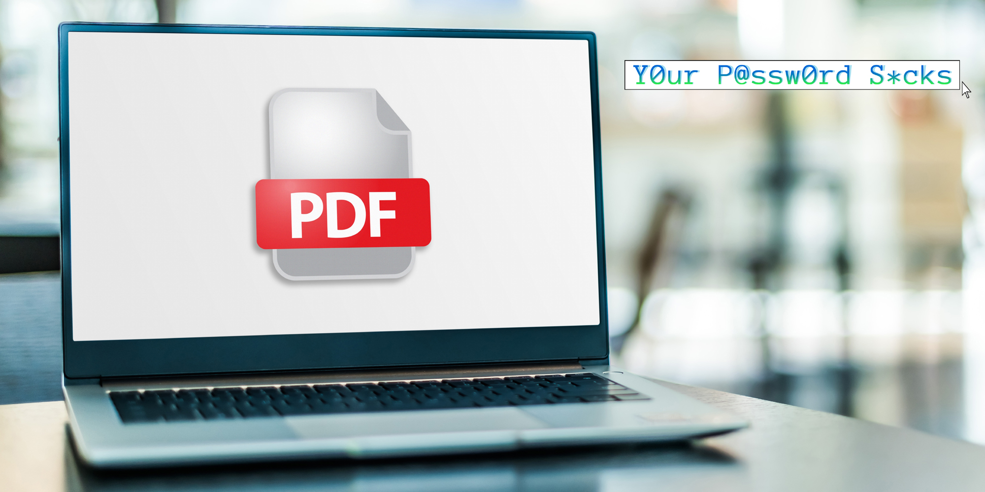 A computer with a PDF on it. In the top right corner is the Daily Dot newsletter web_crawlr column Your Password Sucks logo.