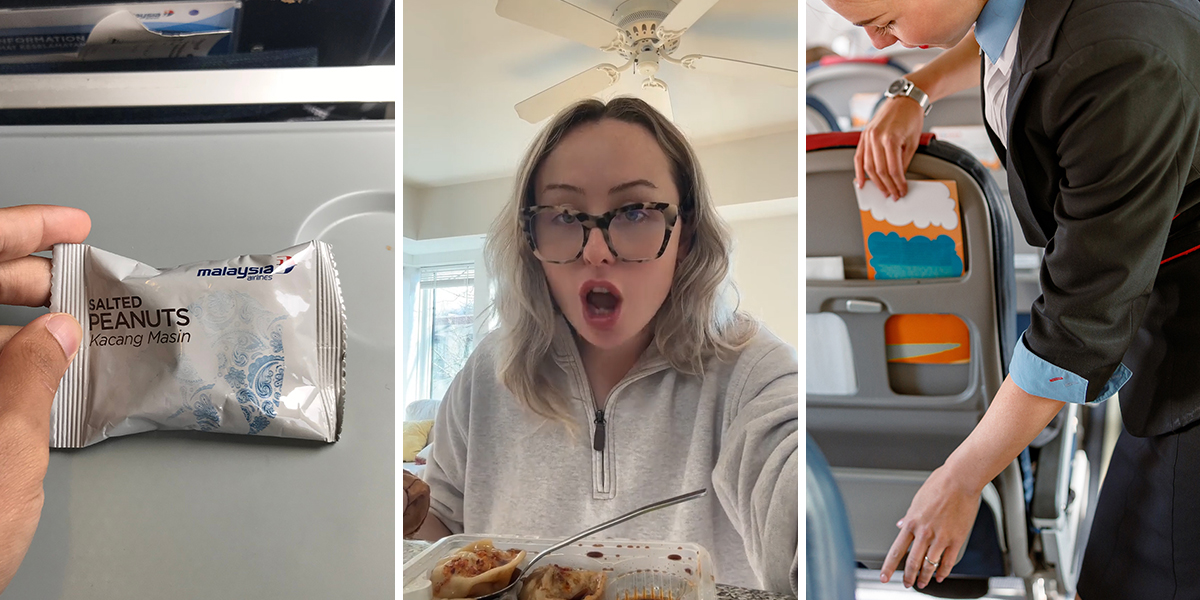 airplane peanuts in had (l) flight attendant speaking (c) flight attendant (r)