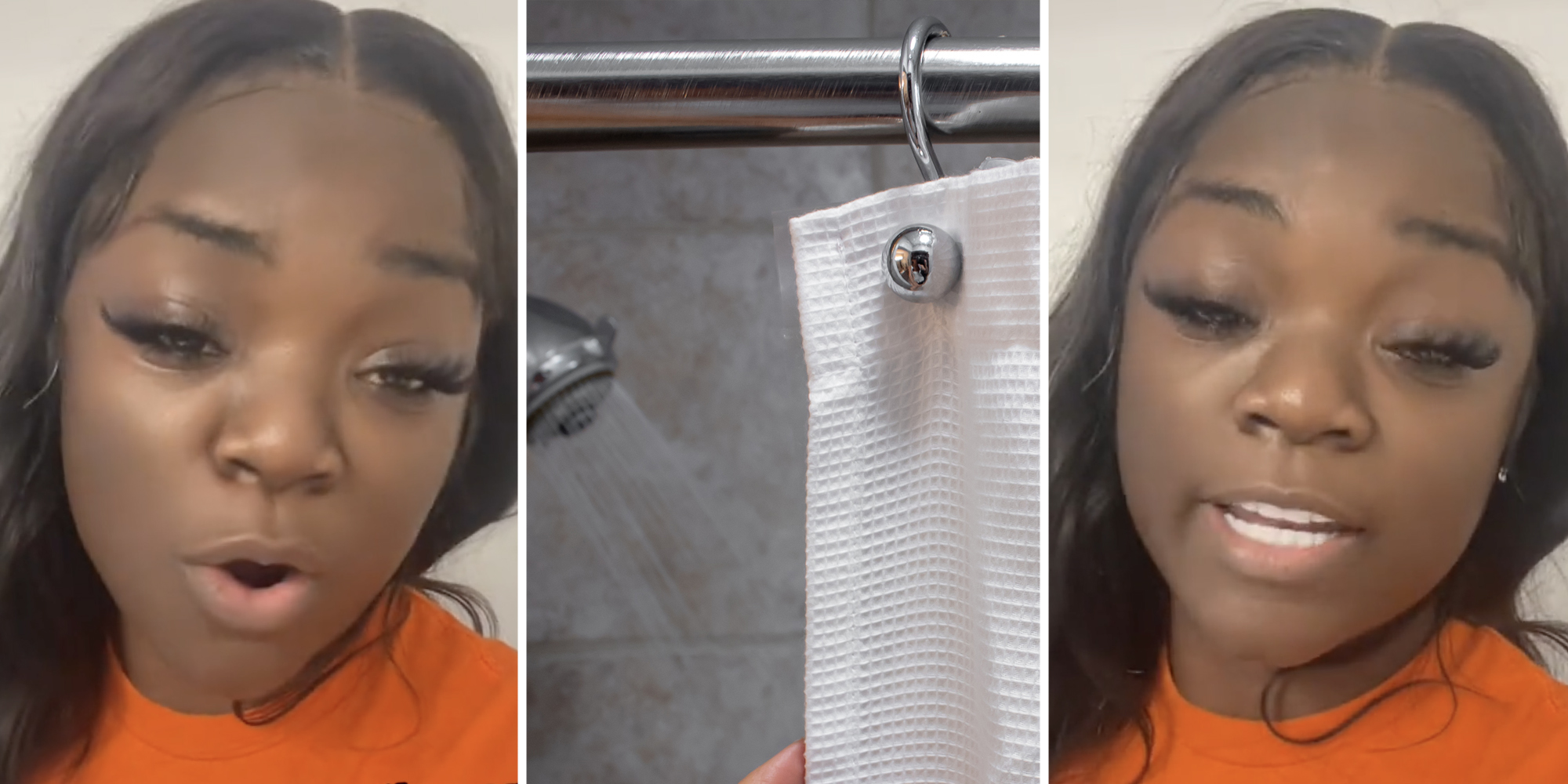 Woman talking(l+r), Shower curtain(c)