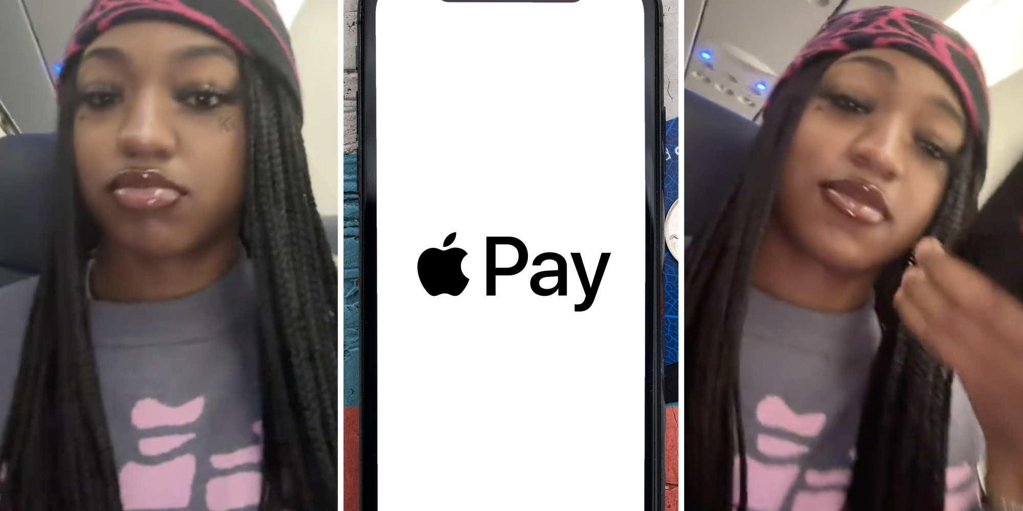 Woman(l+r), Apple pay on phone(c)