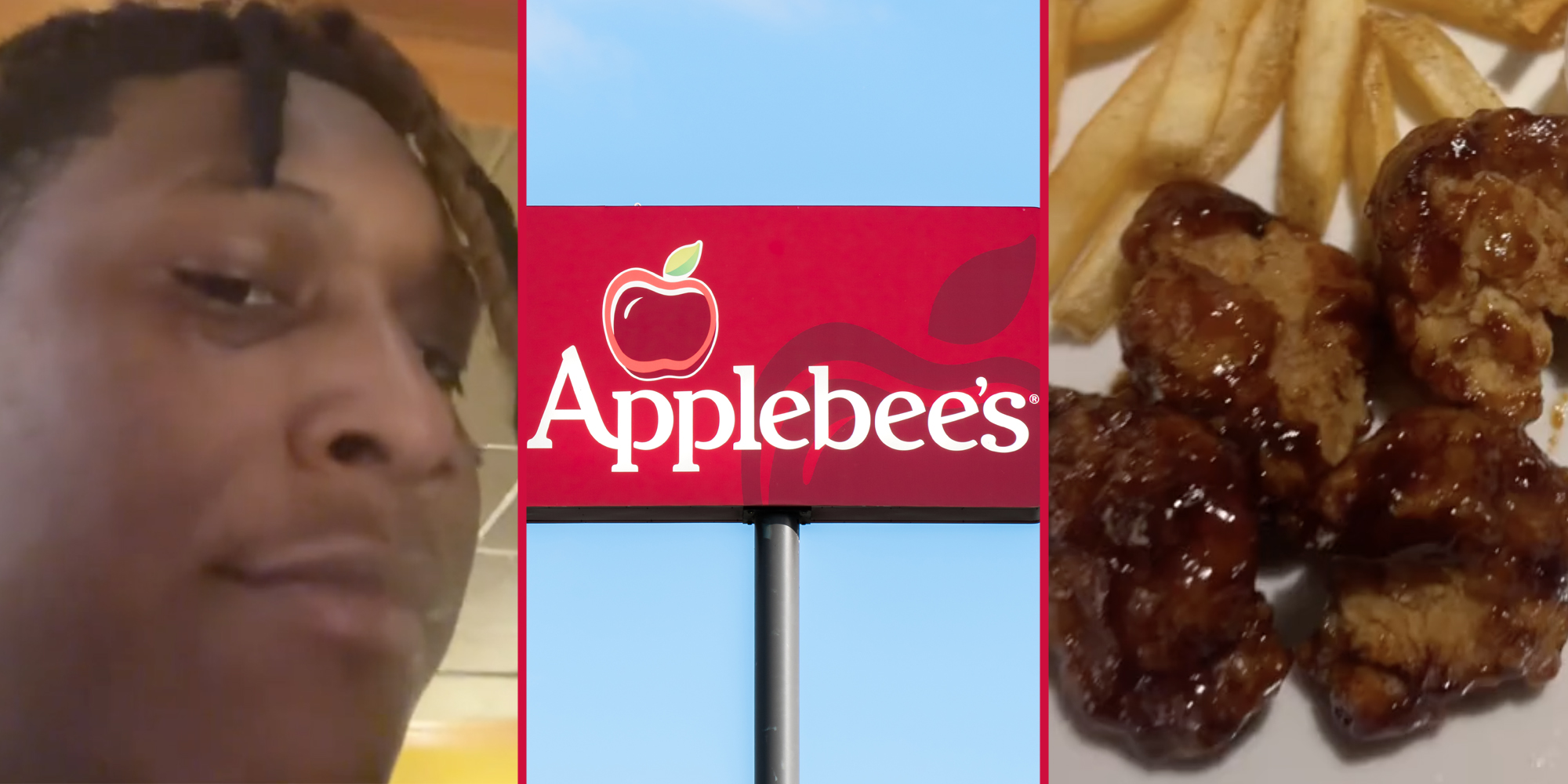 Man looking unsure(l), Applebee's sign(c), Wings(r)