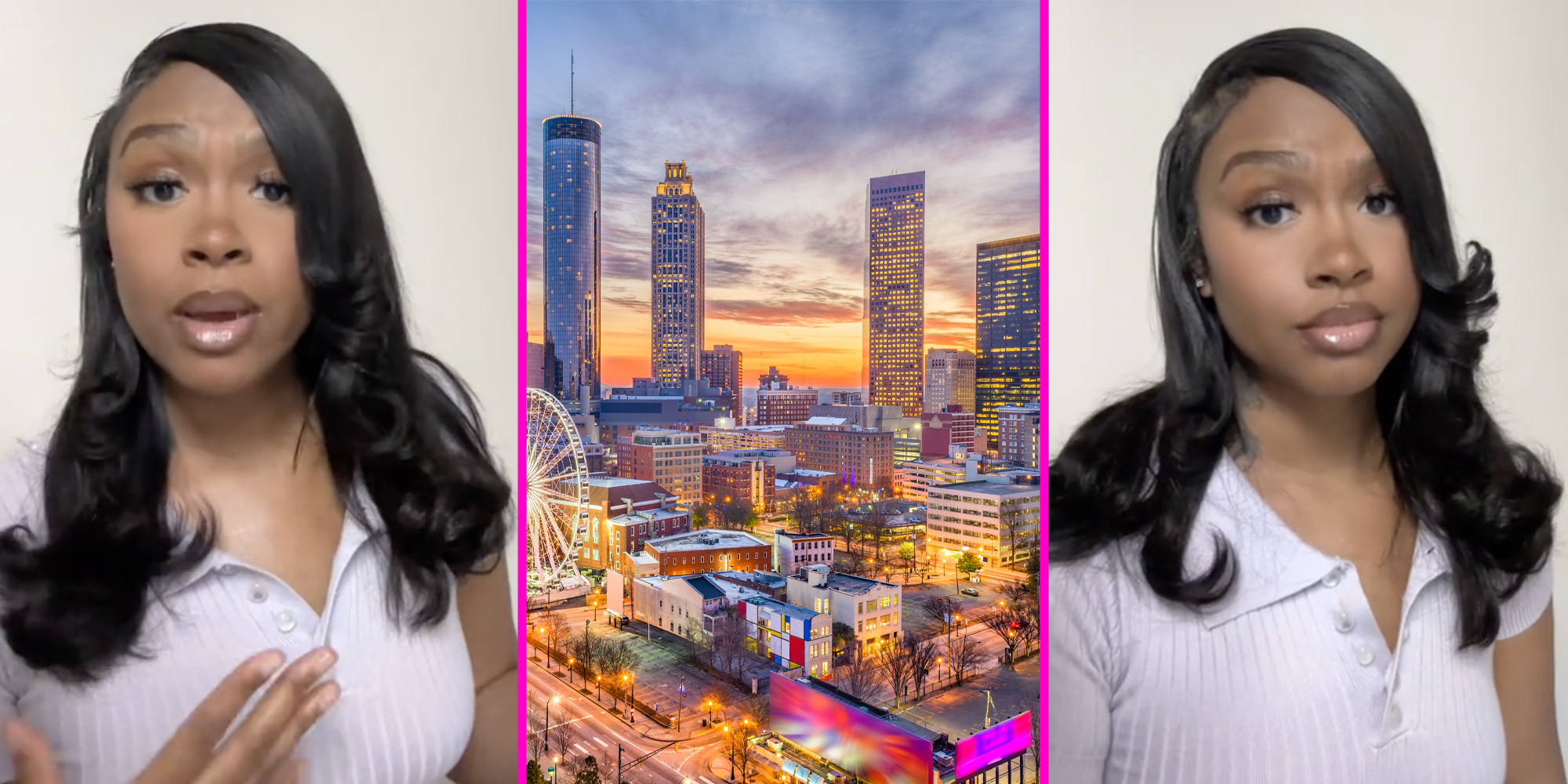 Woman talking(l+r), Atlanta skyline(c)