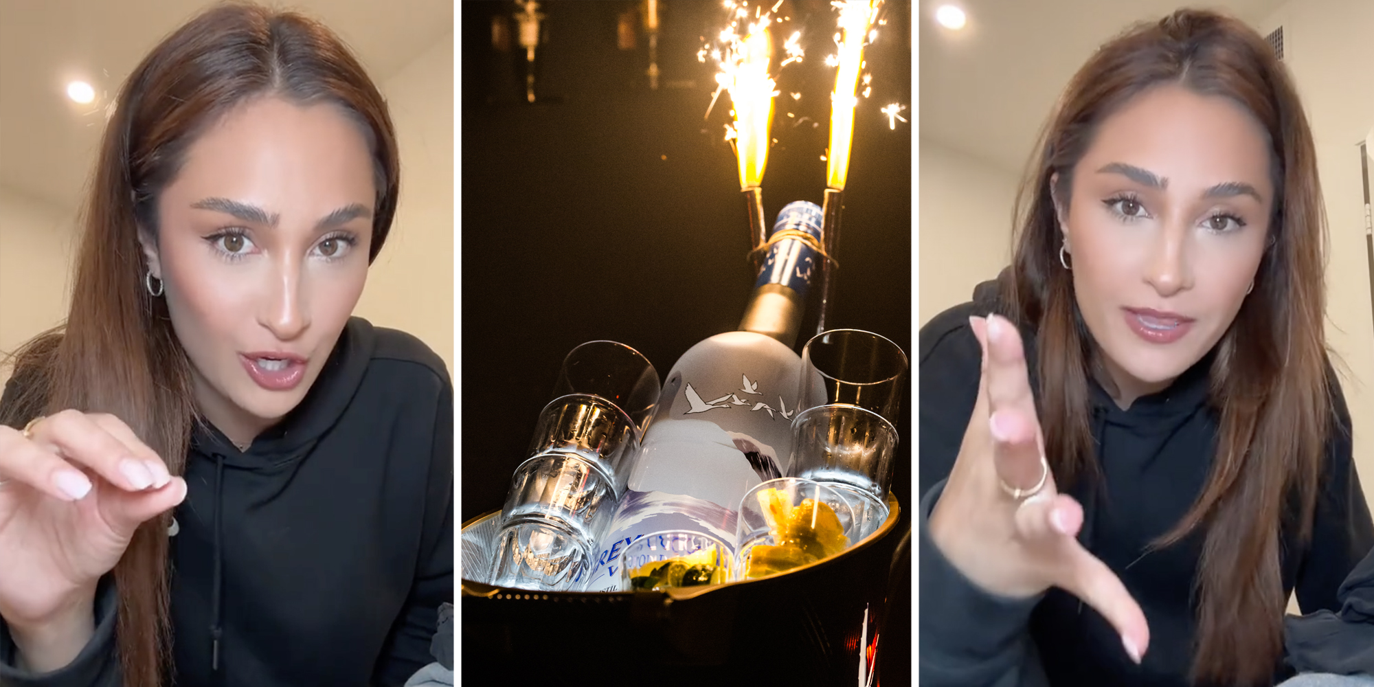 Woman talking(l+r), Bottle service bucket with flares(c)