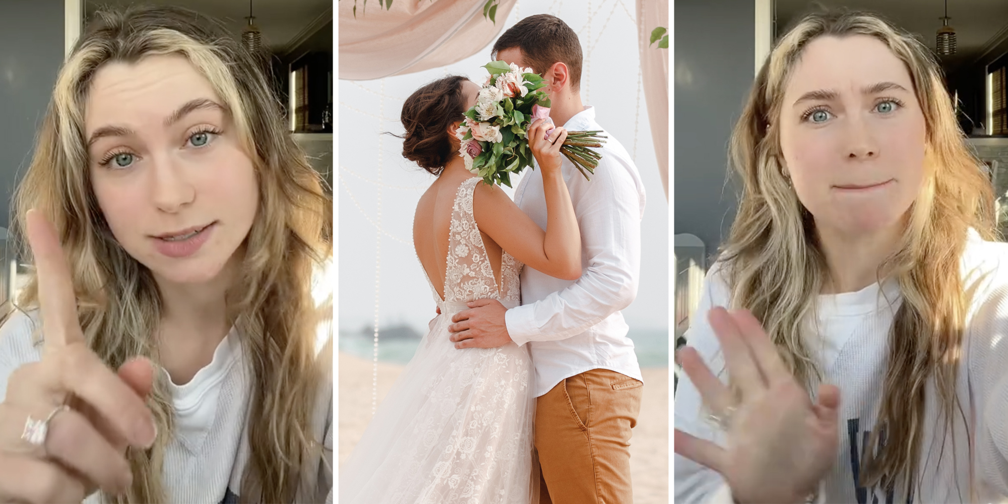 Woman talking(l+r), Bride and groom at wedding(c)