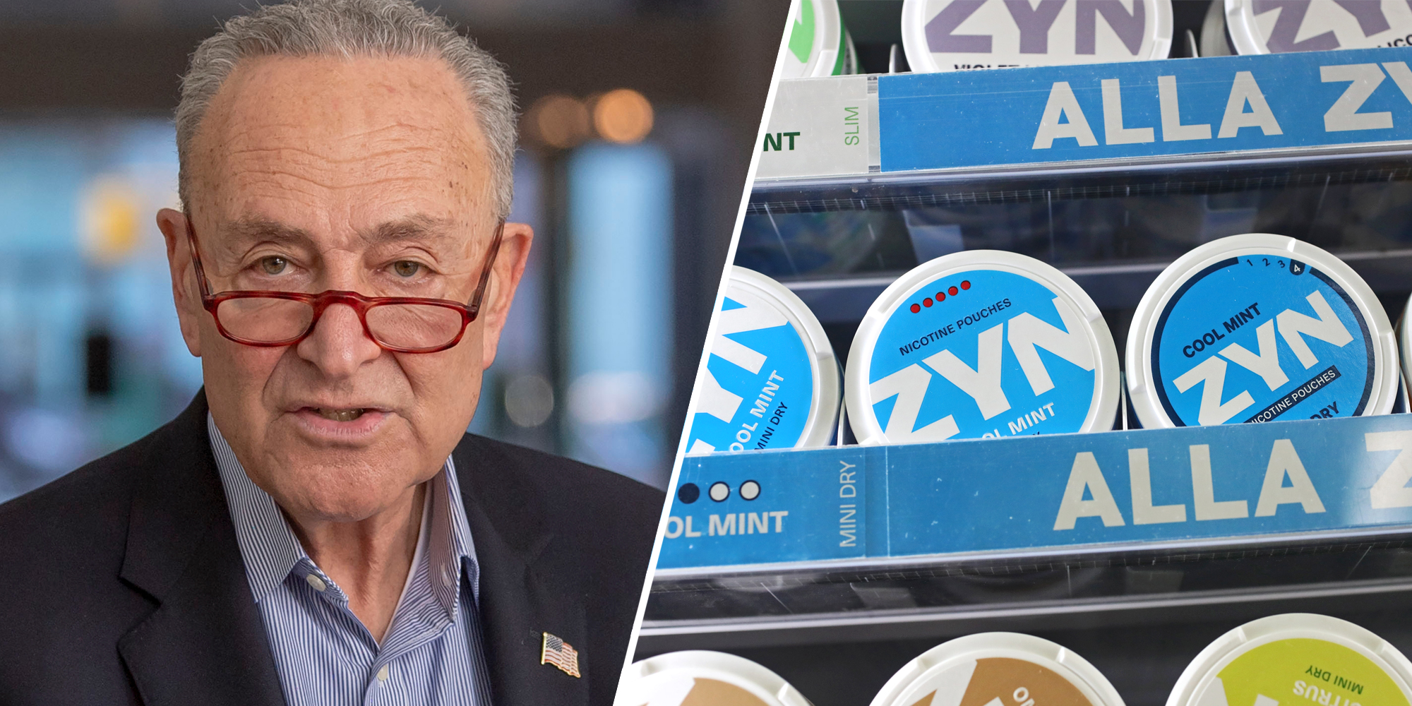 Chuck Schumer(l), Zyn nicotine pouches(r)