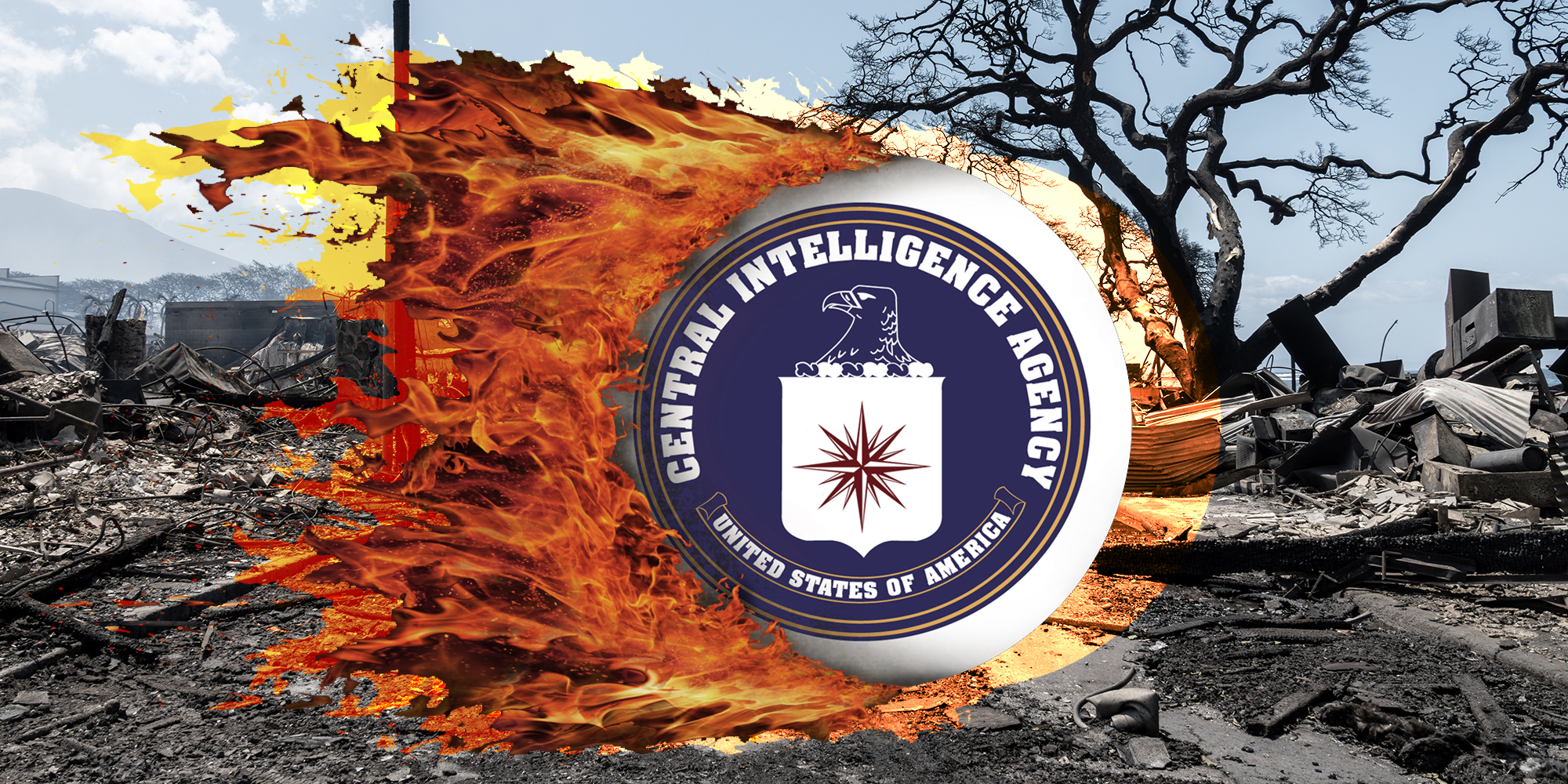 Lahaina, Maui, Hawaii, USA August 9, 2023 with burning CIA logo on top
