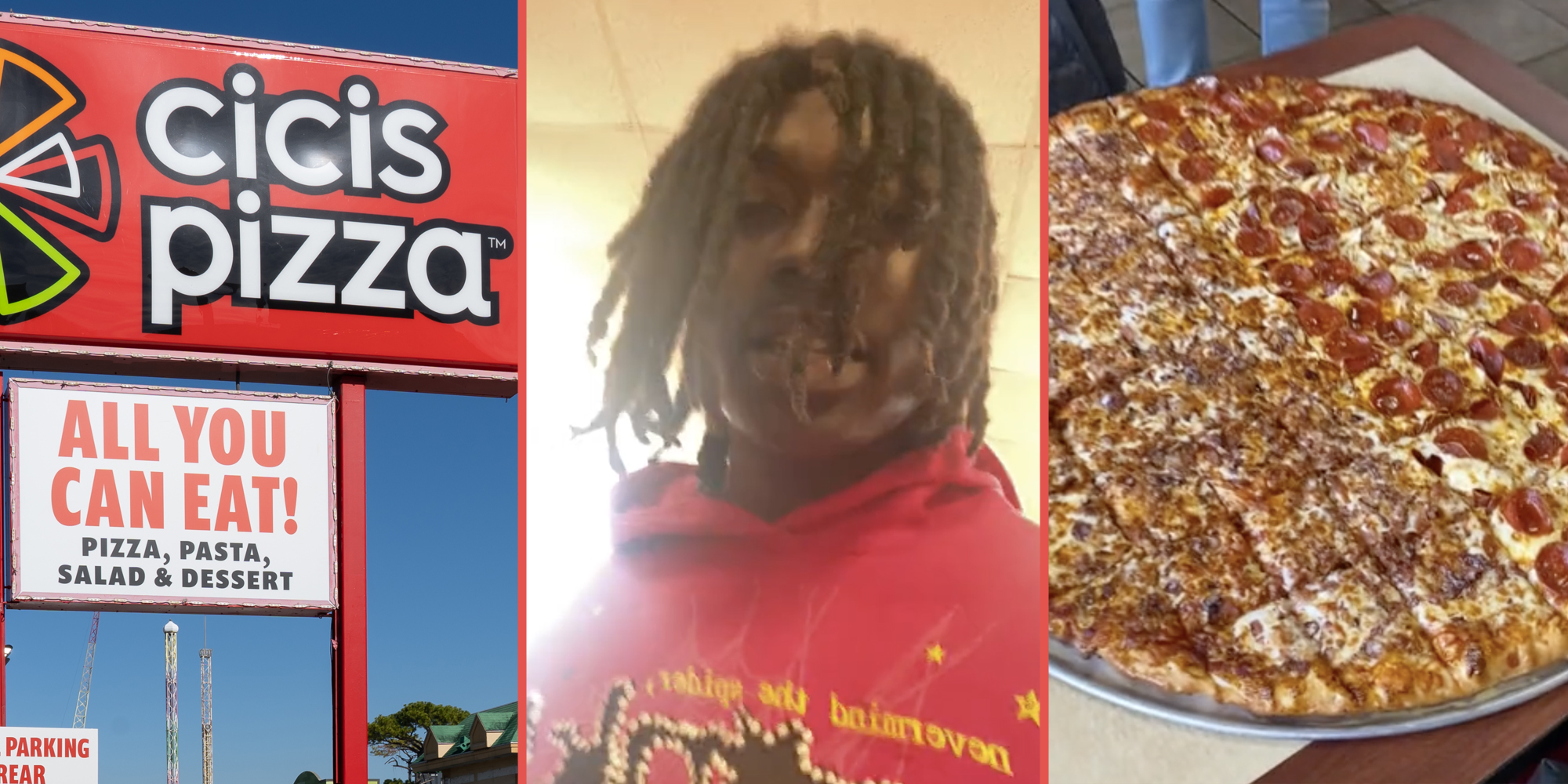 Cici's Pizza sign(l), Man talking(c), Pizza(r)